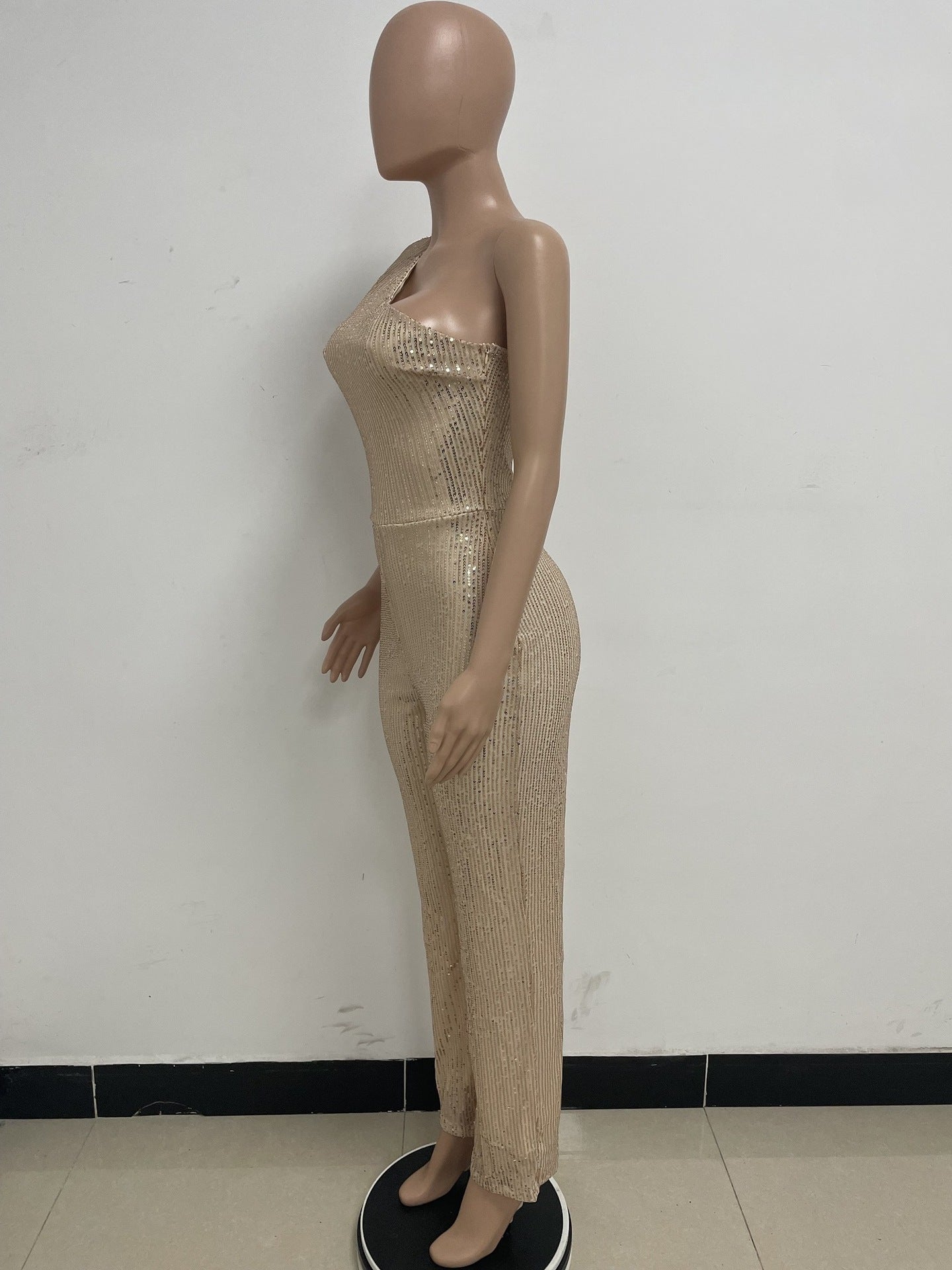 Women's Sleeveless One Shoulder Low Back Sequined Jumpsuit 45