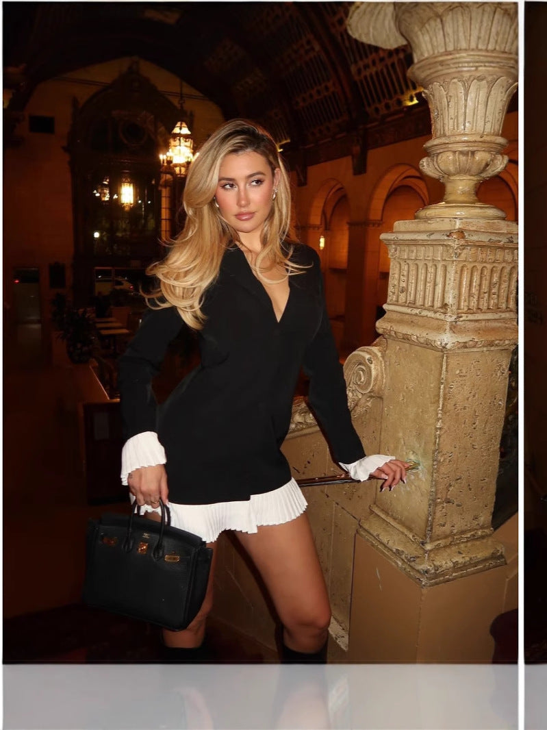 Women Spring and Summer Black and White Contrast Pleated Ruffle Blazer Dress 6