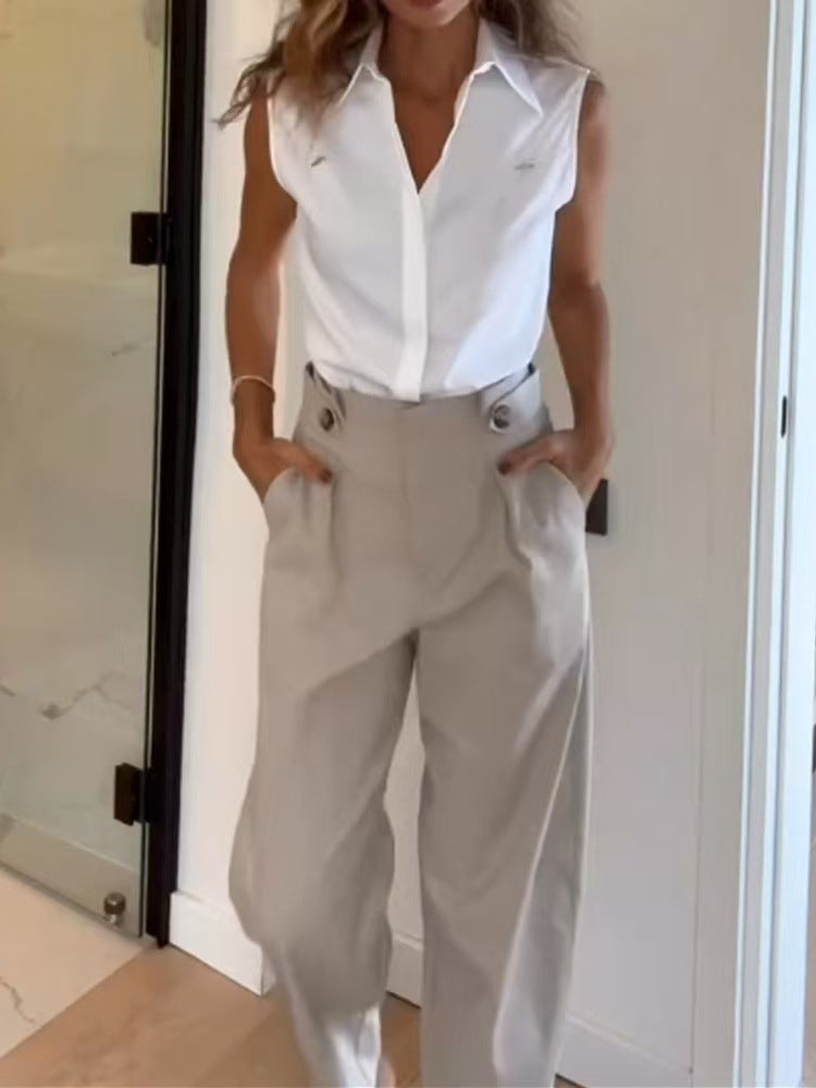 Women's Sleeveless Shirt High-Waist Straight Pants Set 3