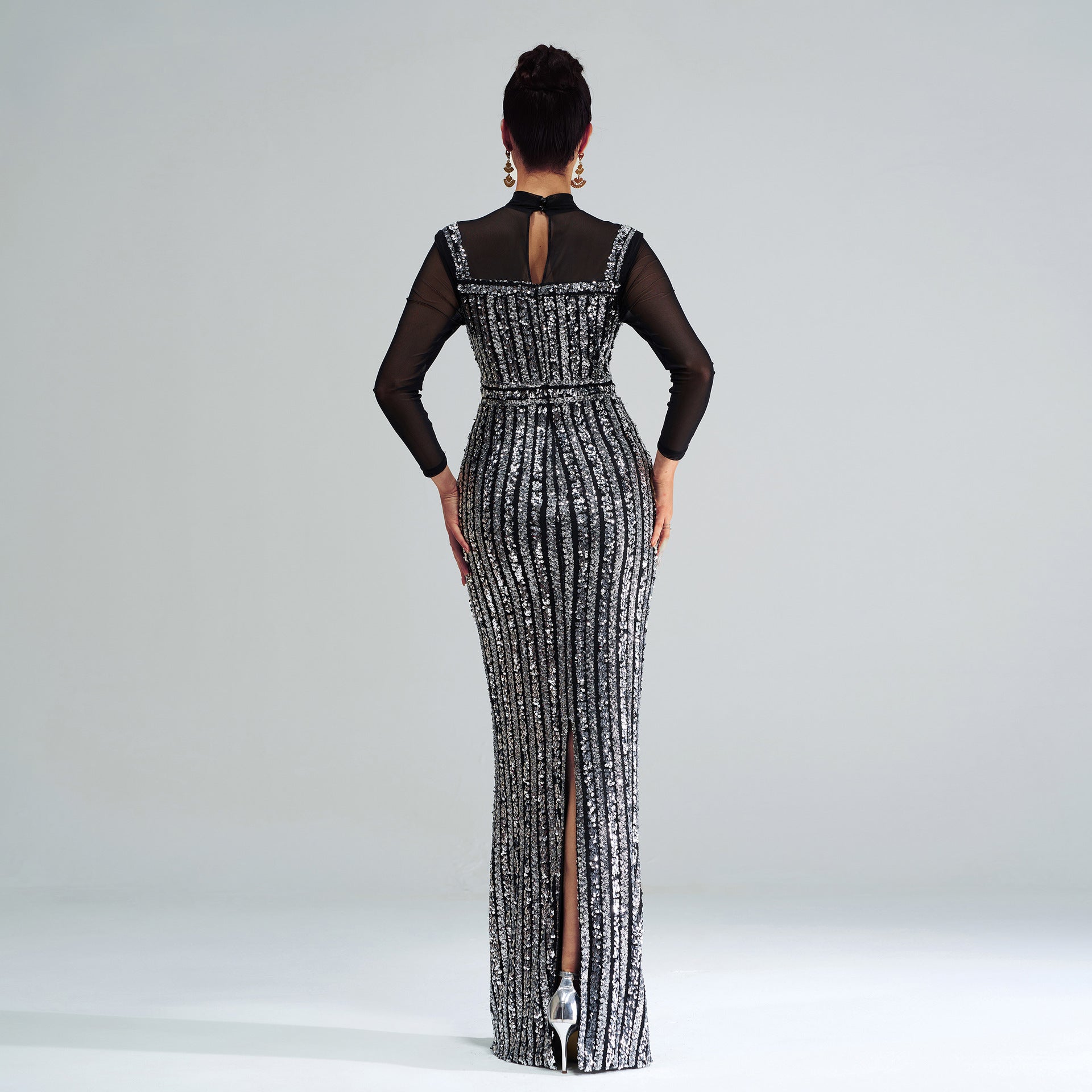 Women long sleeve Round Neck Bodycon Formal Party Sequined fishtail evening dress 3