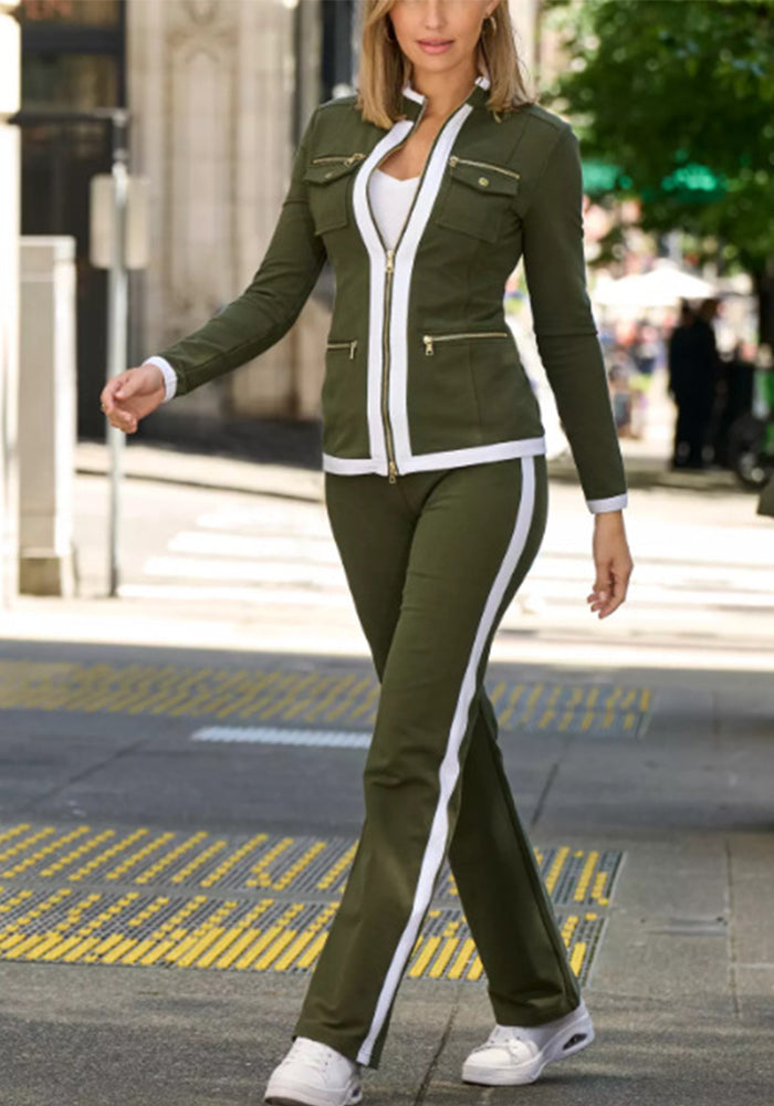 Women Long Sleeve Casual Color Block Top and Pant Two Piece Set