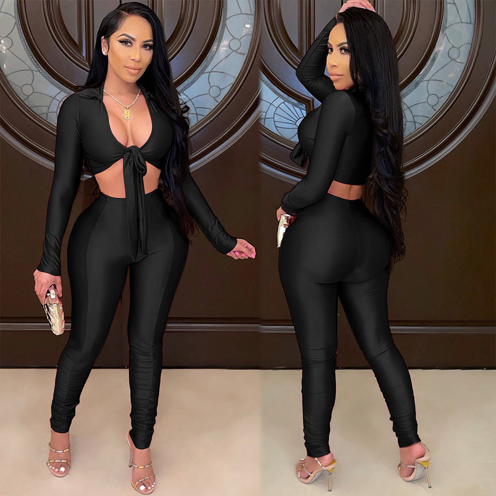 Fashion Casual Tight Fitting Two Piece Bow Long Sleeve Blouse Pants Two Piece Set 9