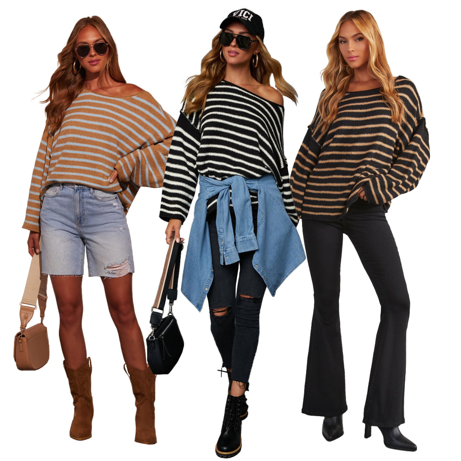 Women Striped Knitting Loose Bat Long Sleeve Sweater