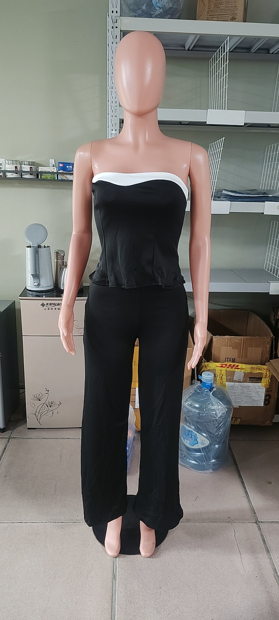 Women Summer Elegant Strapless Contrast Color Top and Pants Two Piece Set 10