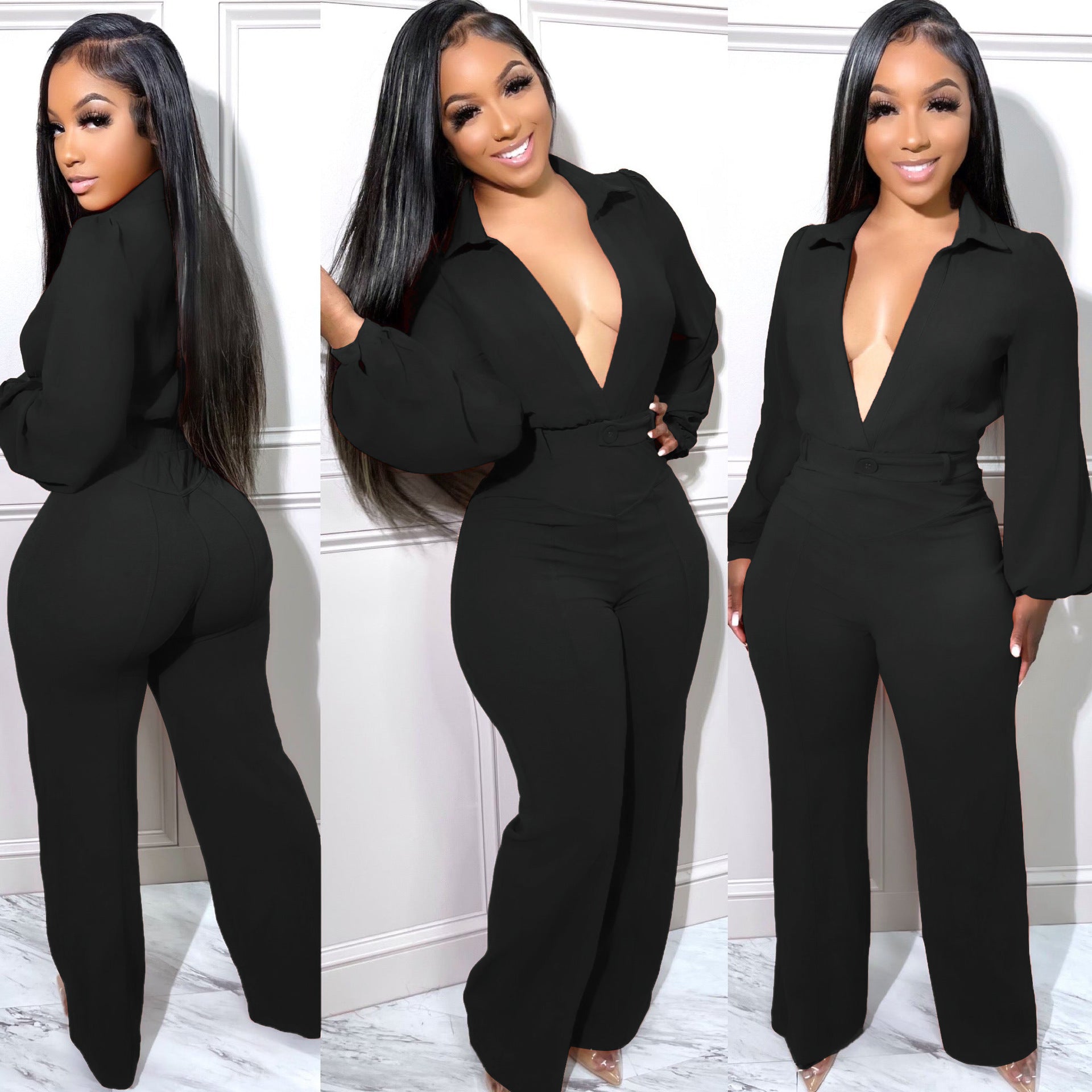 Women's Jumpsuit Sexy V-Neck Long Sleeve Tight Fitting Shirt Pants Fall Winter 8