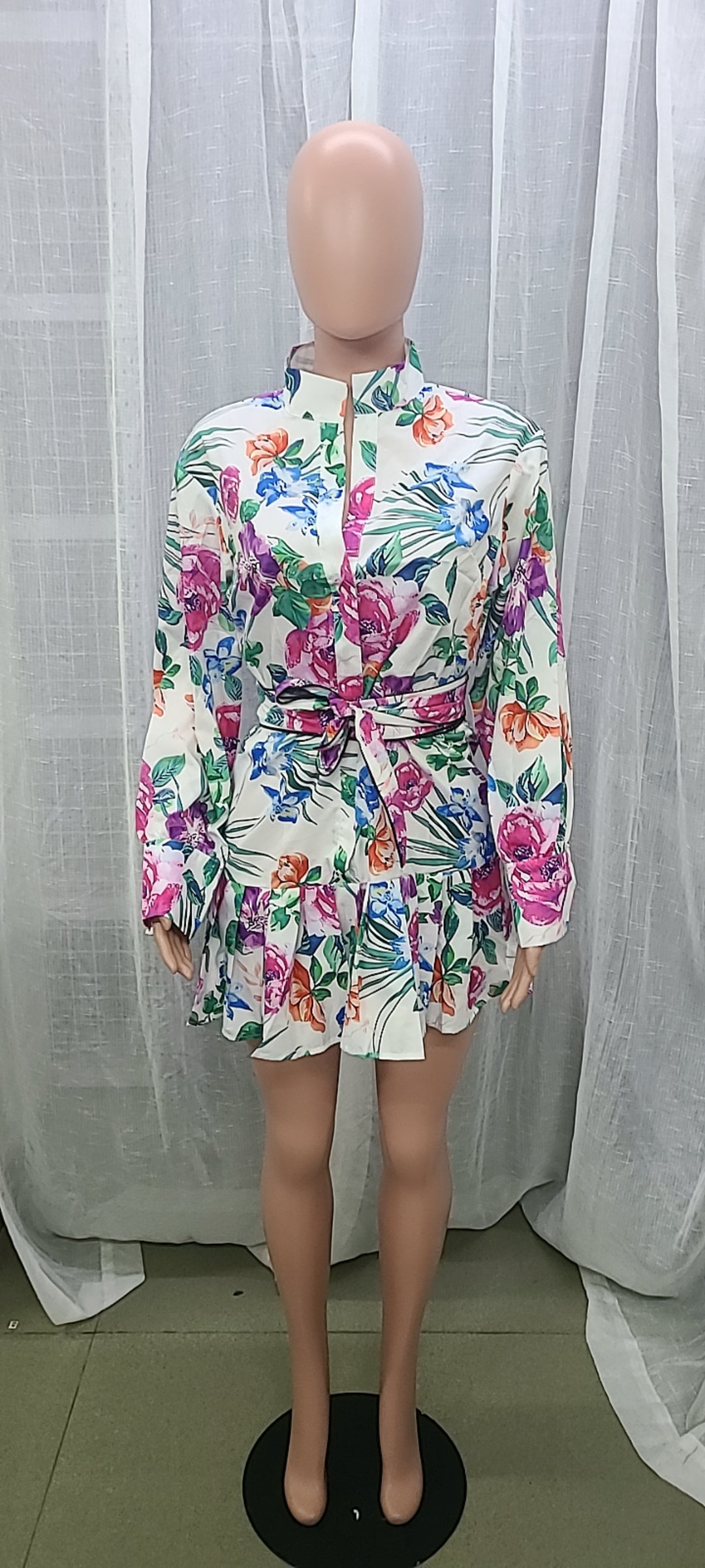 Women'S Fall Floral Printed Long Sleeve Shirt Pleated Dress 11