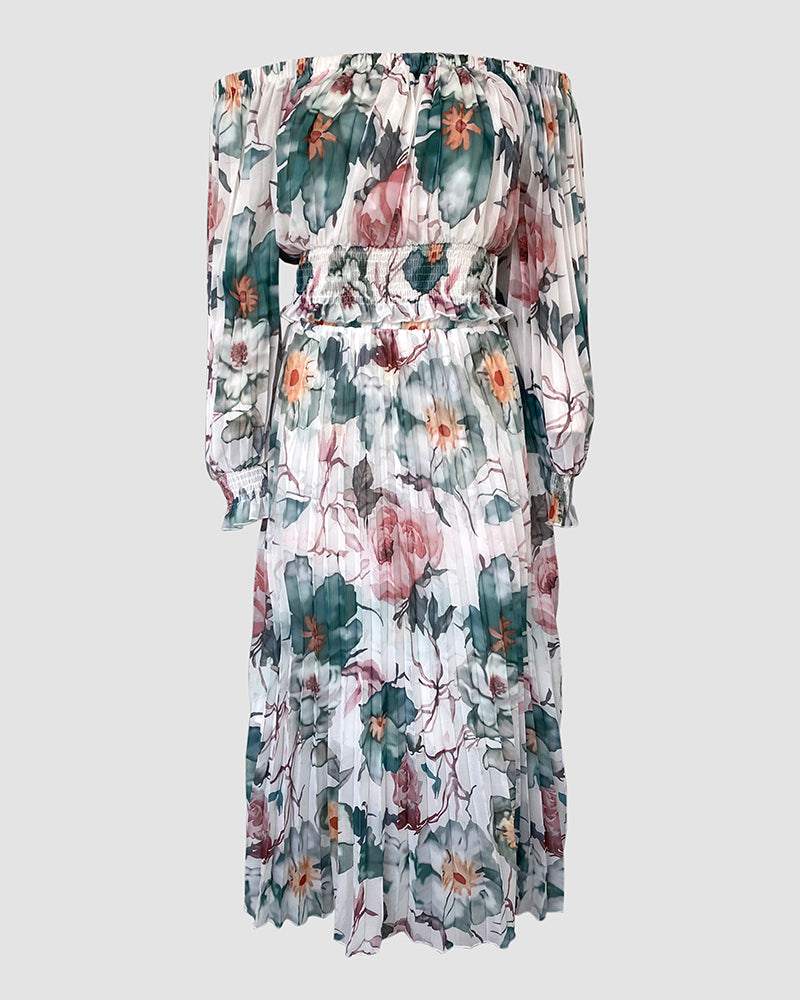 Women floral print off-the-shoulder pleated skirt two-piece set 5