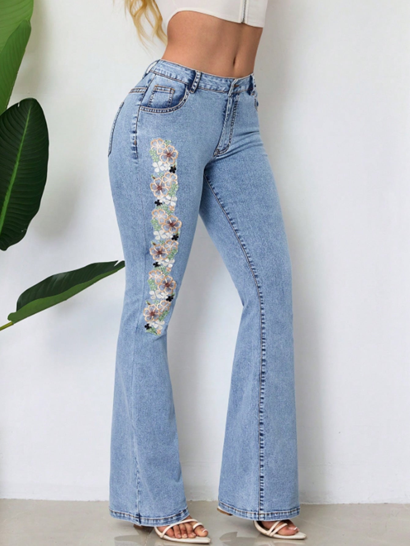 Embroidered Retro High-Waist Bell Bottom Denim Pants 5