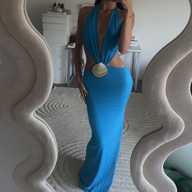 Summer Solid Color Chic Fashion Deep V Halter Neck Low-Back Slim Dress 4