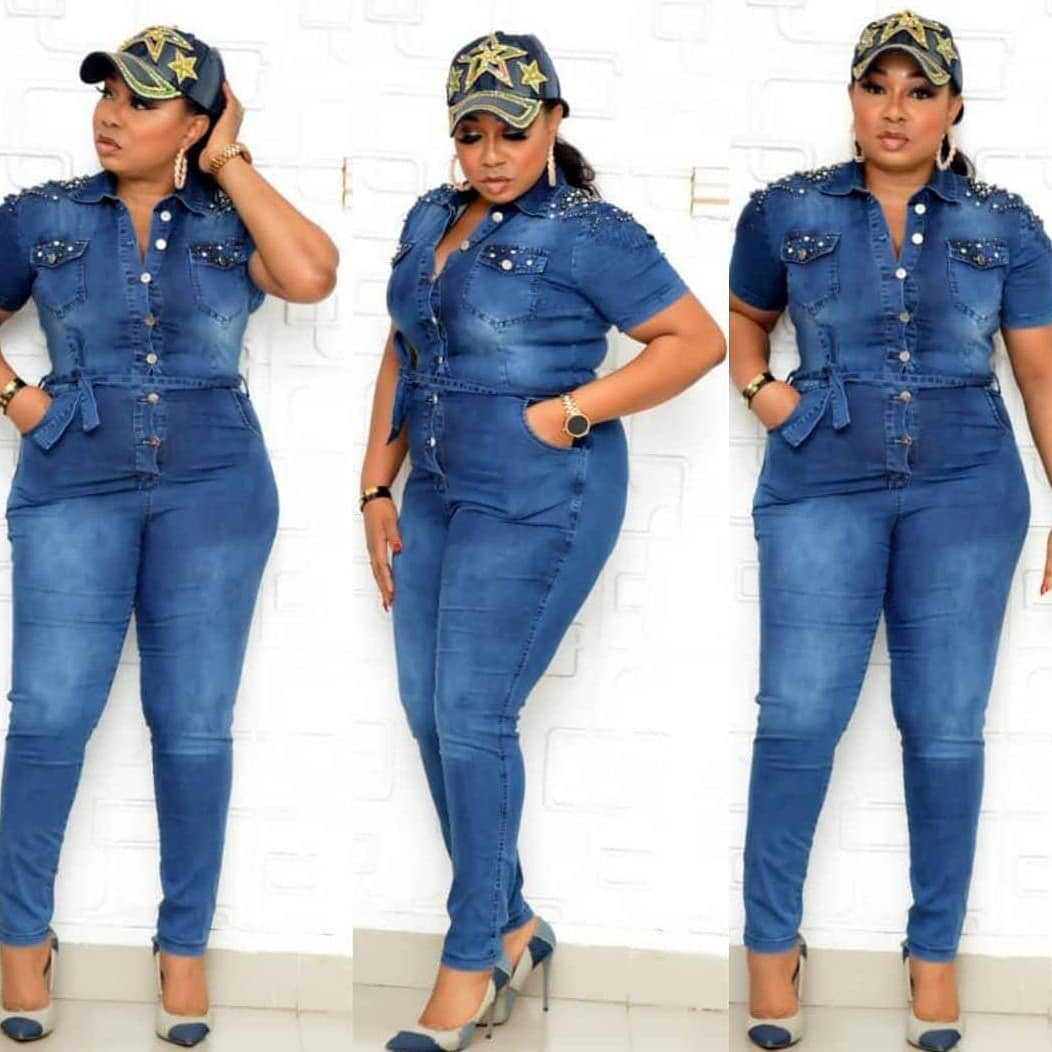African Women Stretchy Beaded Denim Jumpsuit