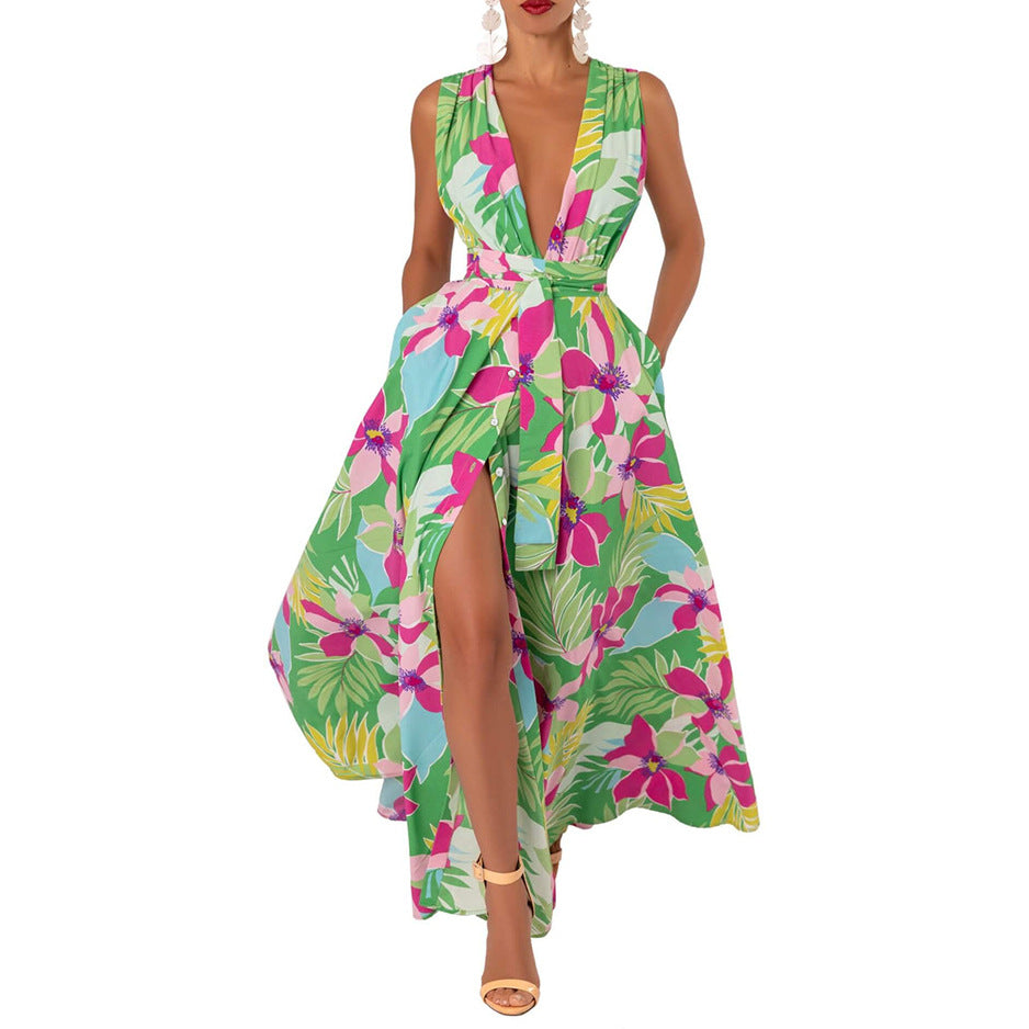 Summer Women's V-Neck Printed High Waist Belt Swing Maxi Dress 11