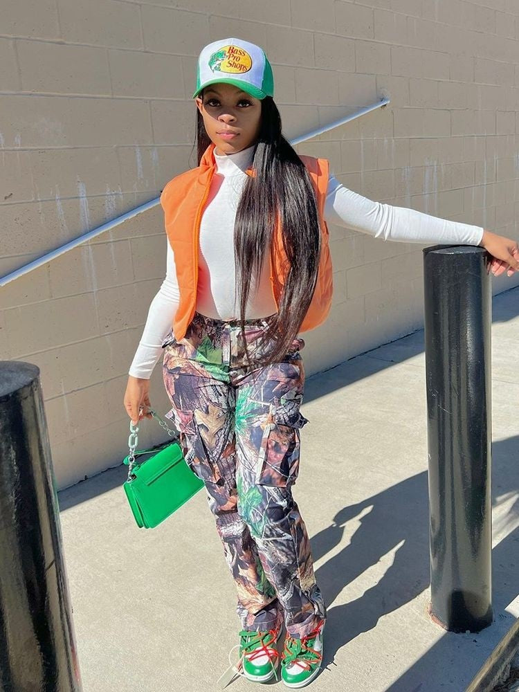 Women Autumn and Winter Leaf Print Straight Pockets Cargo Pants