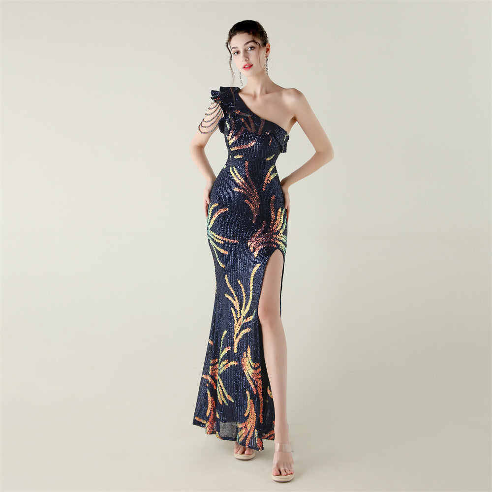 Sequin Beaded One-Shoulder High Slit Fishtail Dinner Party Dress 19