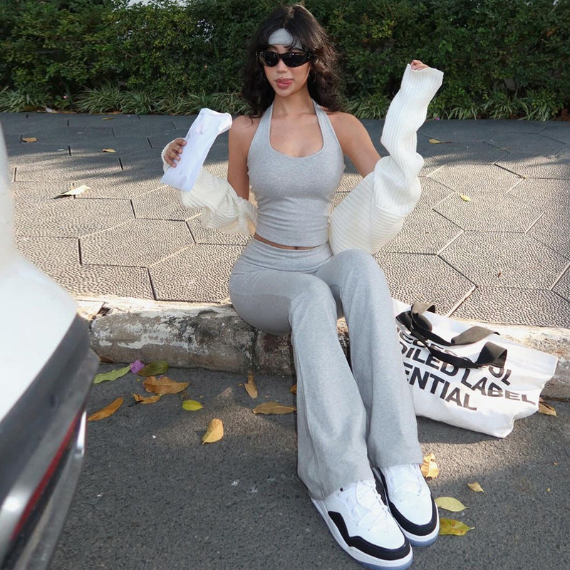 Women's Summer Fashion Halter Neck Low Back Small Vest Slim Pants Two Piece Set 7