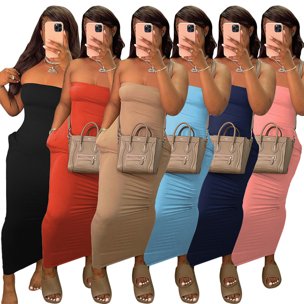 Women's Sexy Solid Color Strapless Dress Fashion Chic Long Dress