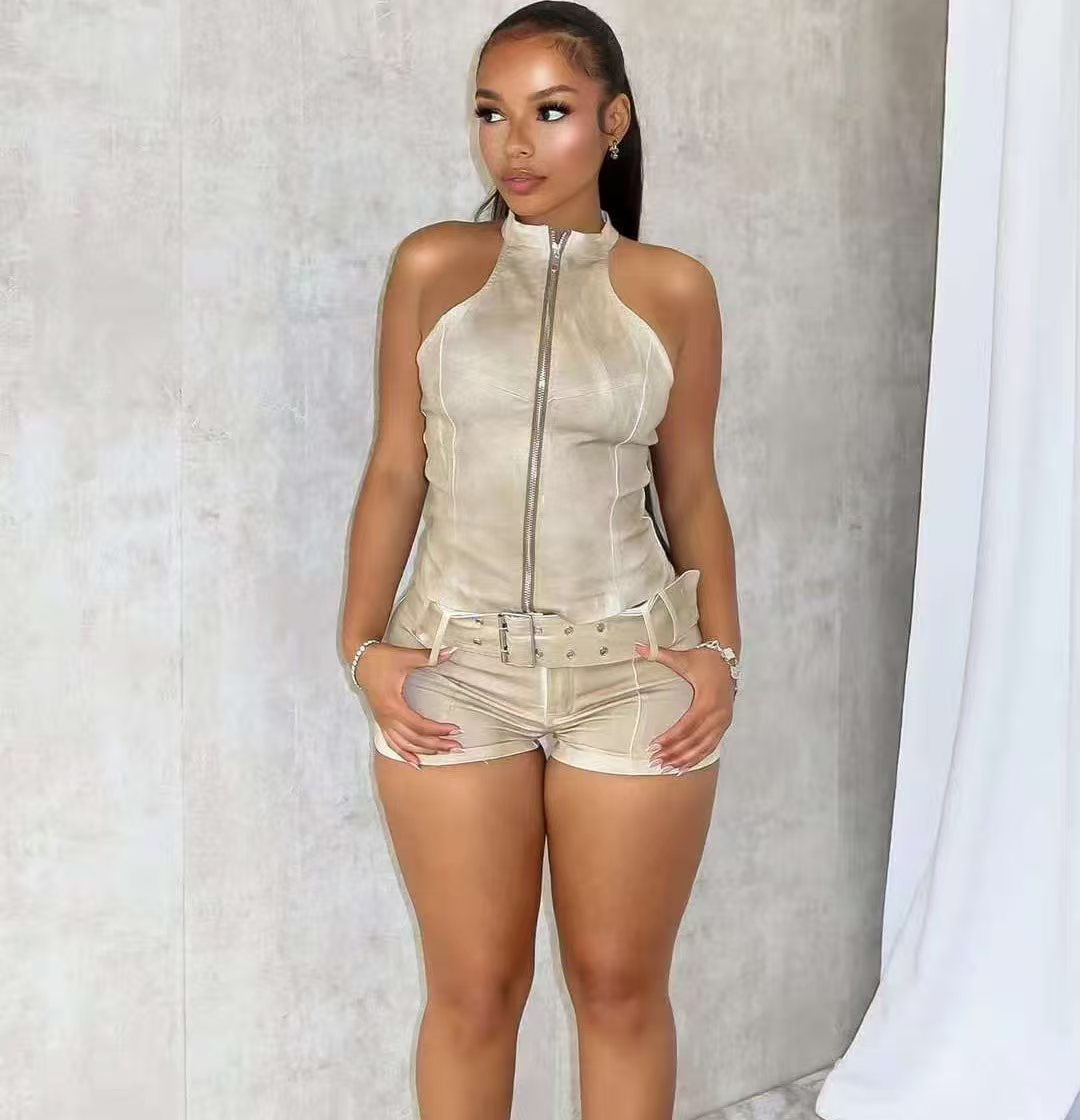 Women Denim Sleeveless Zipper Crop Top and Belt Shorts Two Piece Set 4