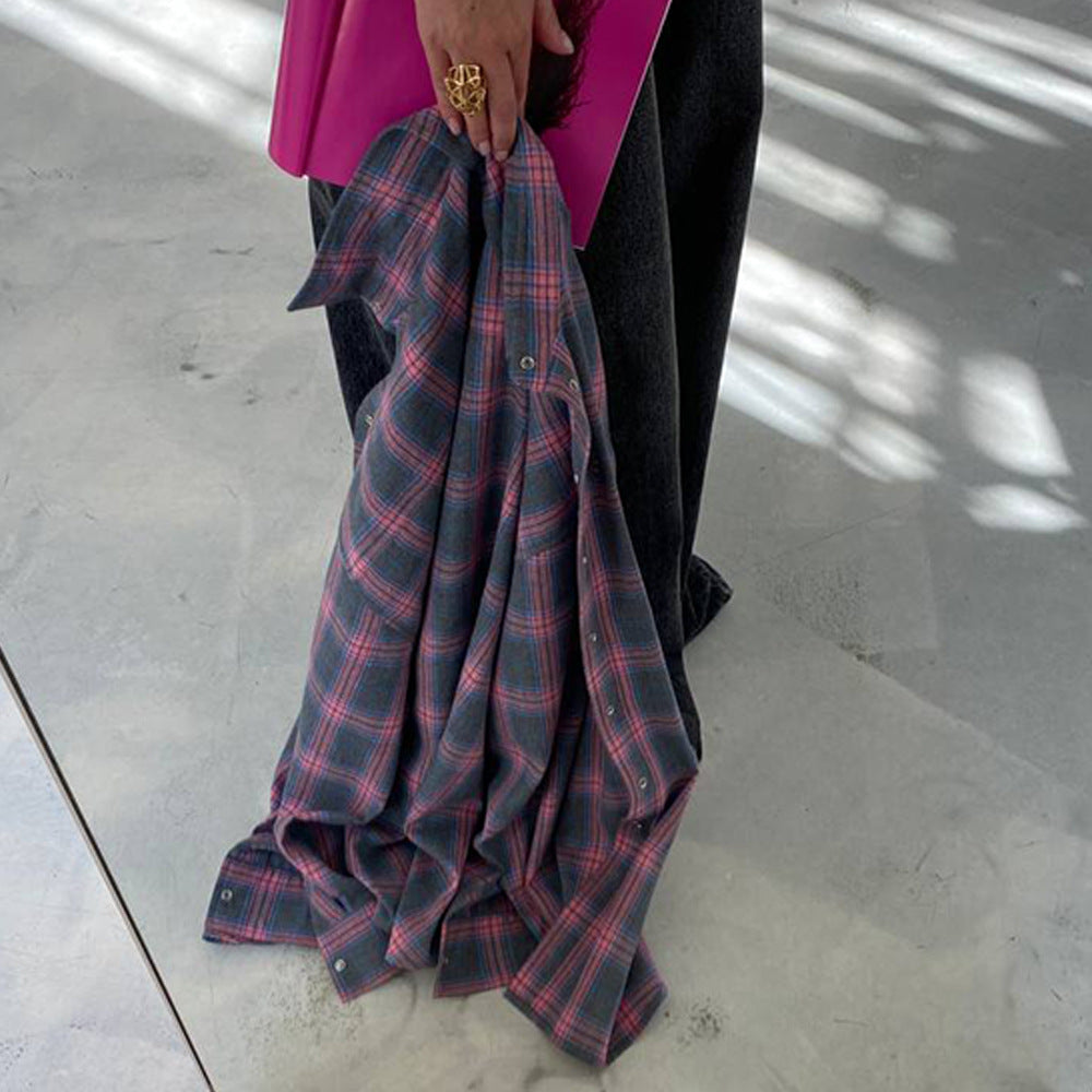 Autumn retro style Turndown Collar loose shirt plaid long-sleeved women's blouse 13