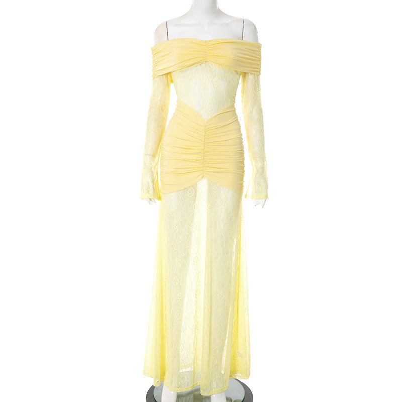 Women's Chic Lace Patchwork Off-Shoulder Slit Long Sleeve Ruffle Maxi Dress 8