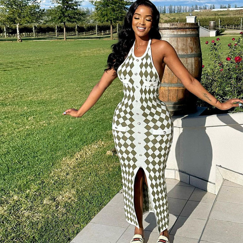 Women's U Neck Tight Fitting Dress Sexy Halter Plaid Low Back Slit Long Dress 3