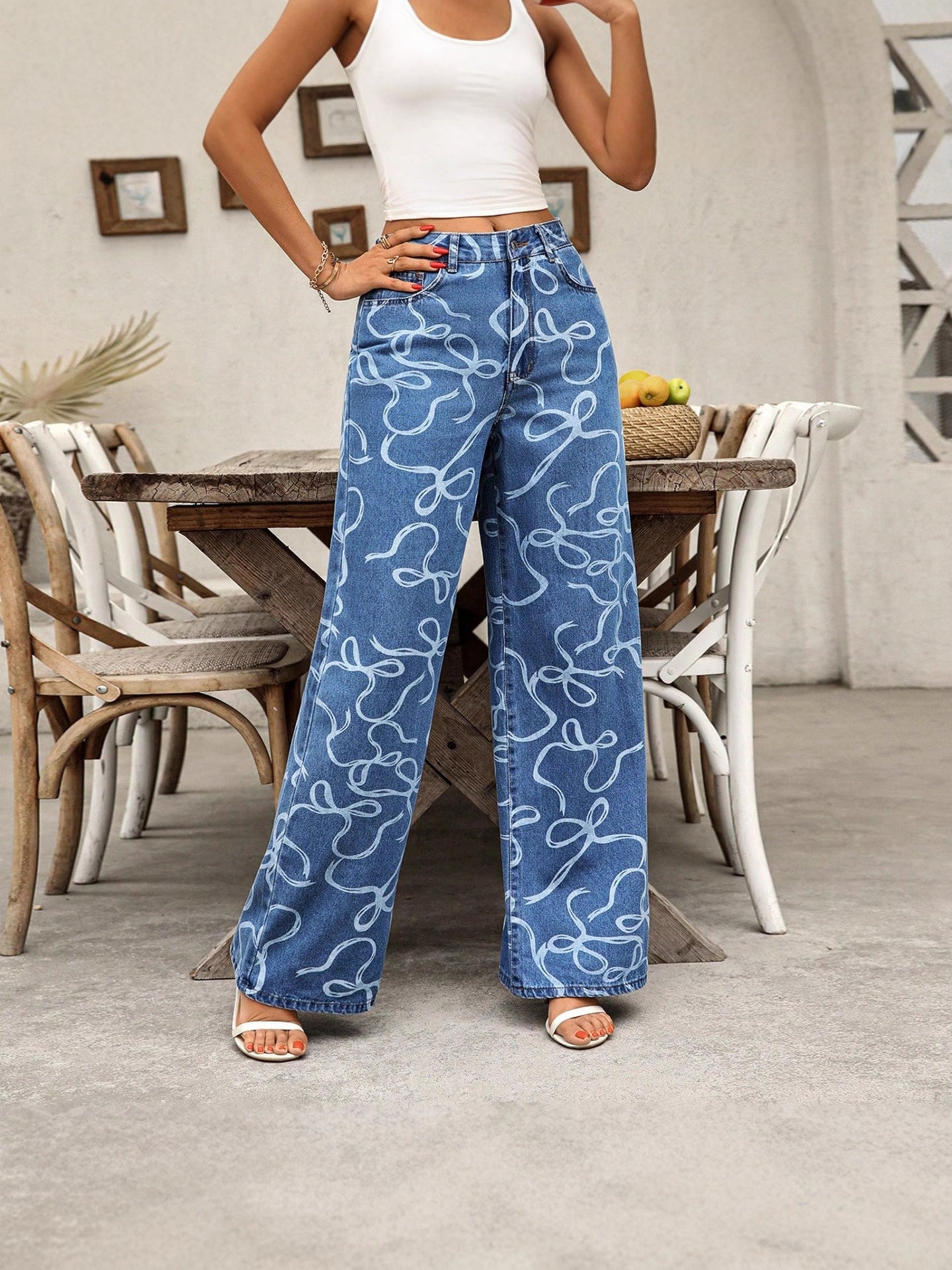 Women Casual Printed Denim Wide-Leg Pants 4