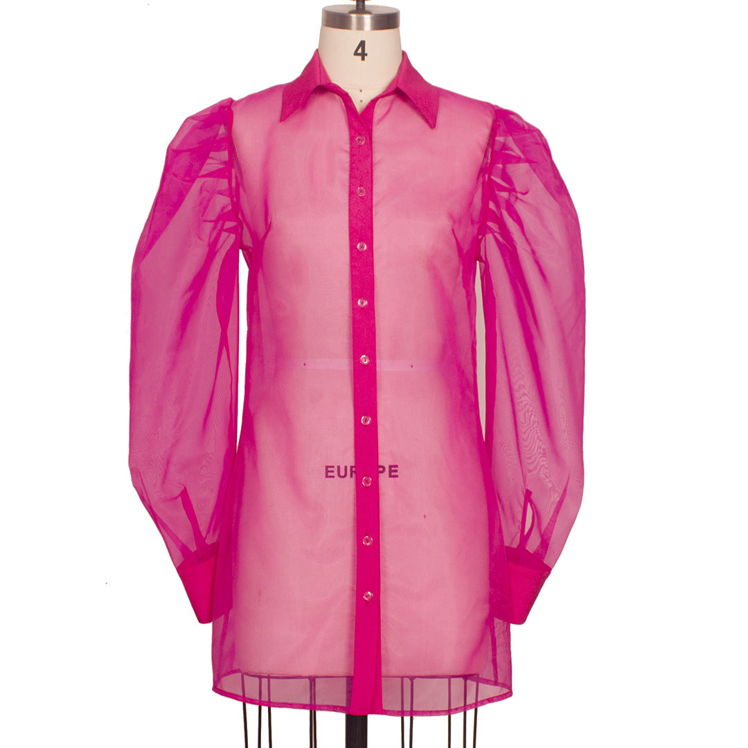 Spring Summer Women's Puff Sleeve Organza Shirt strap Basic Dress Two-Piece Set 7