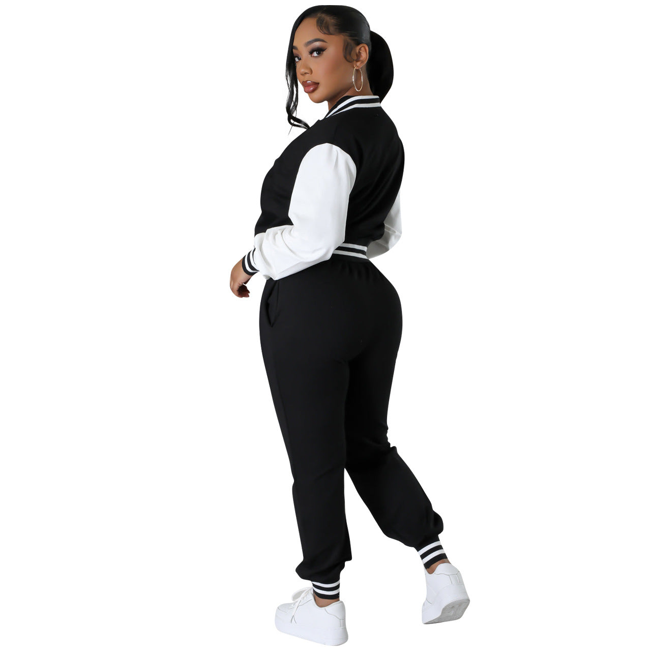 Women's Fashion Patchwork Single Breasted Baseball Jacket pants Two-Piece Suit 5