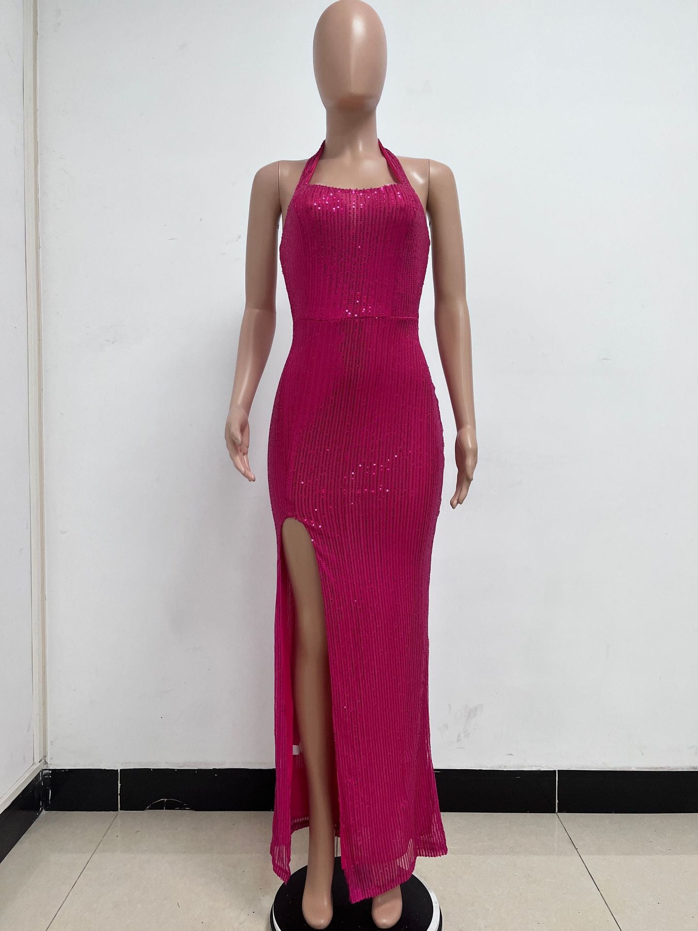 Women Sleeveless Halter Neck Backless Sequin Slit Evening Dress 33
