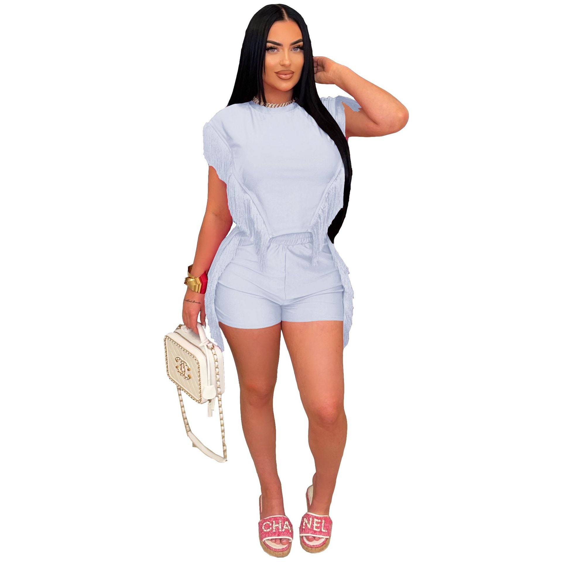 Women Short Sleeve Top and Tassel Pants Two-piece Set 11