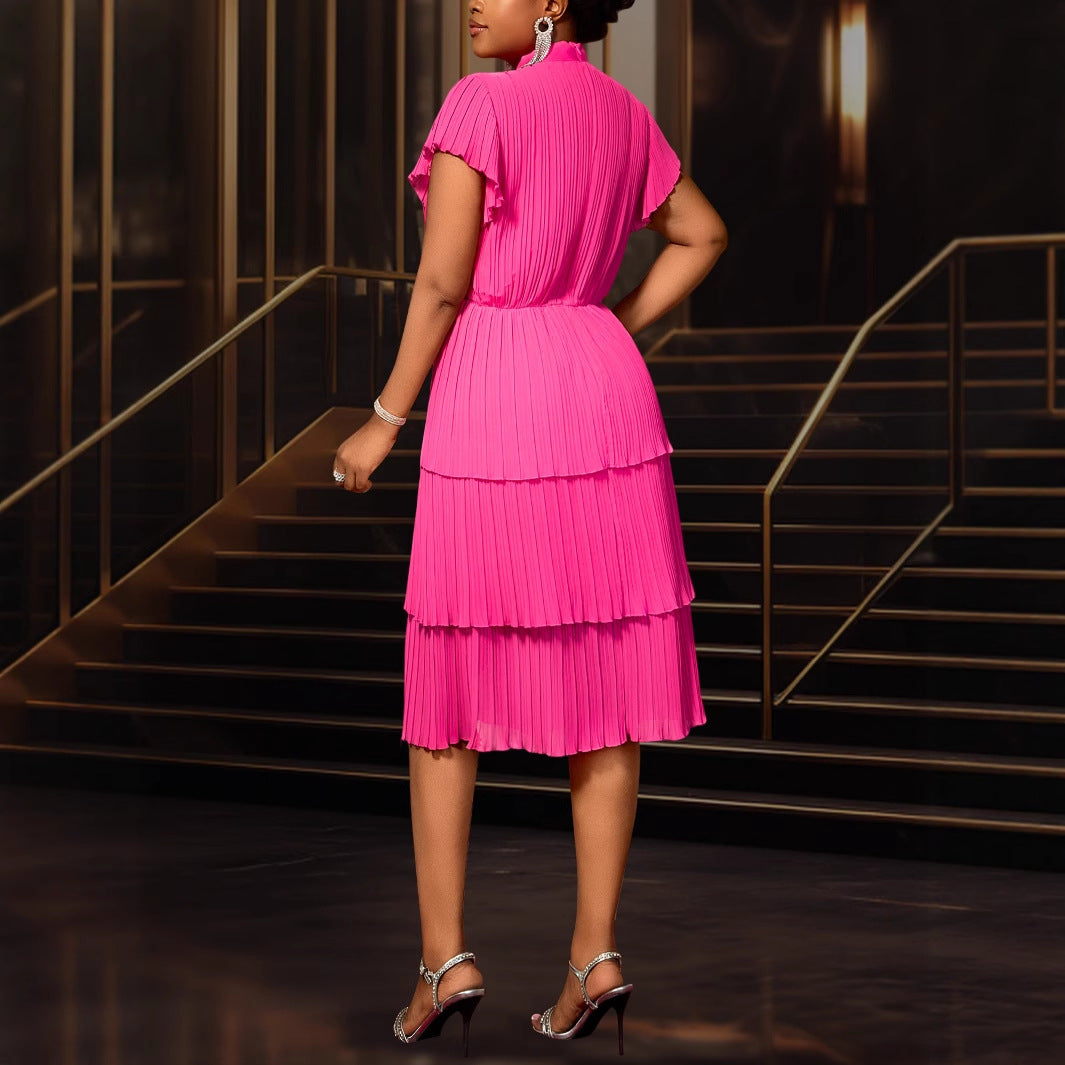 Summer Chic Bow Tie Round Neck Dress Cascading Ruffles Party Evening Gown 3