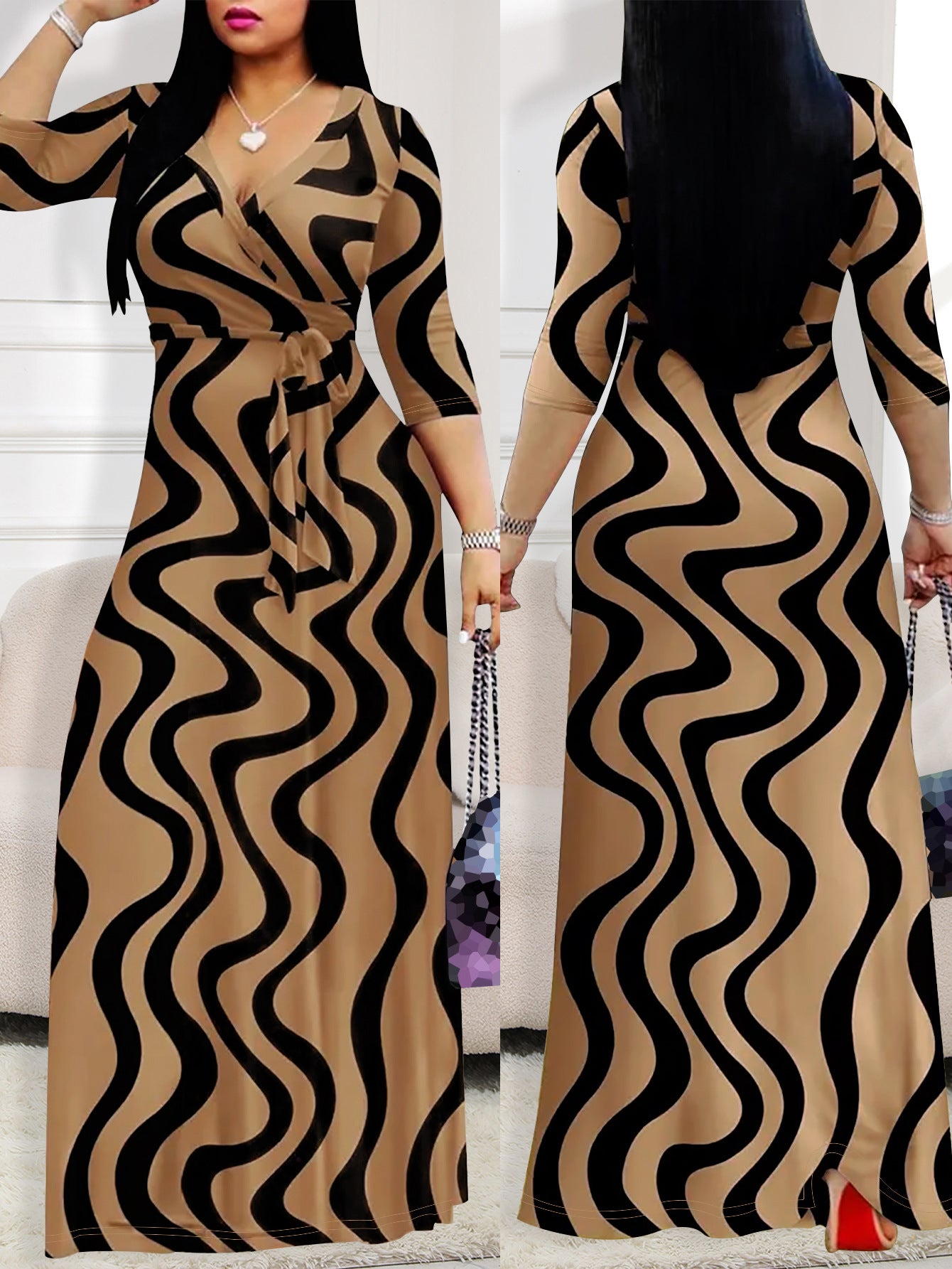 Spring & Autumn Women's Fashion Elegant Wrap V-Neck Half-Sleeve Print Belt Maxi Dress 25