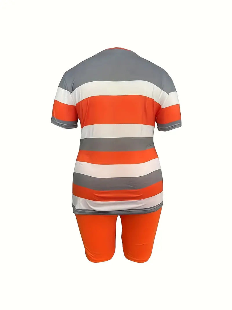 Women's Striped Print Short-Sleeve Sporty Two-Piece Shorts Set 31