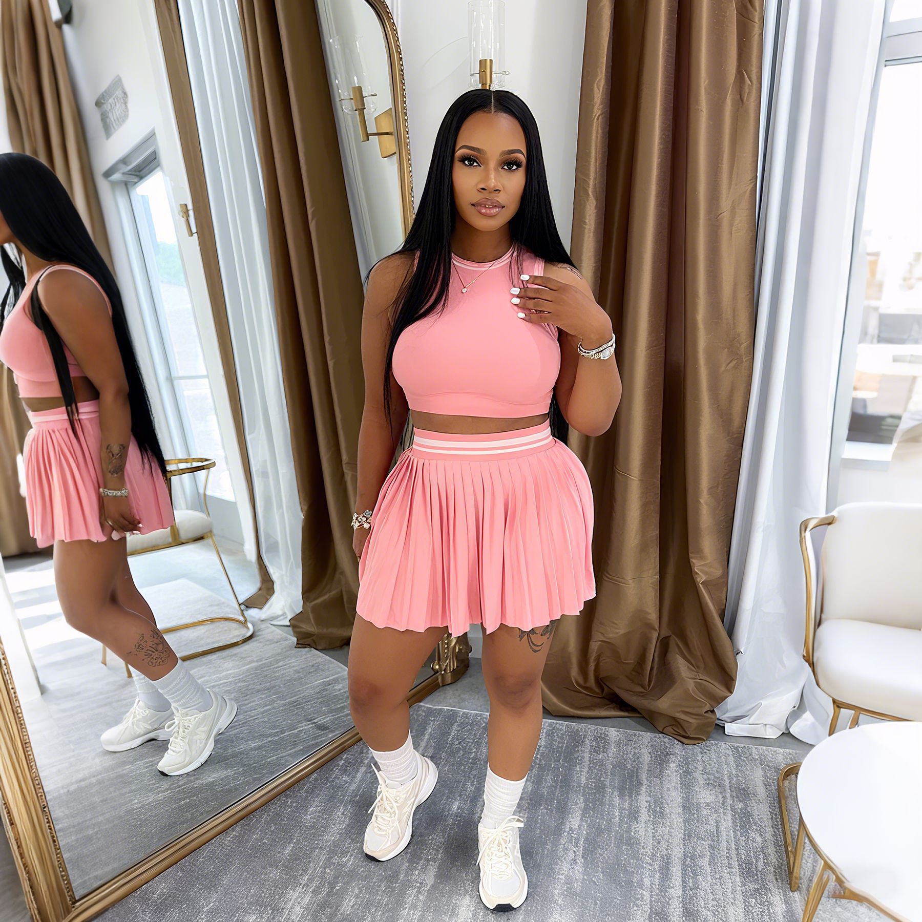 Women's Sleeveless Pleated Vest and Skirt Casual Set 5