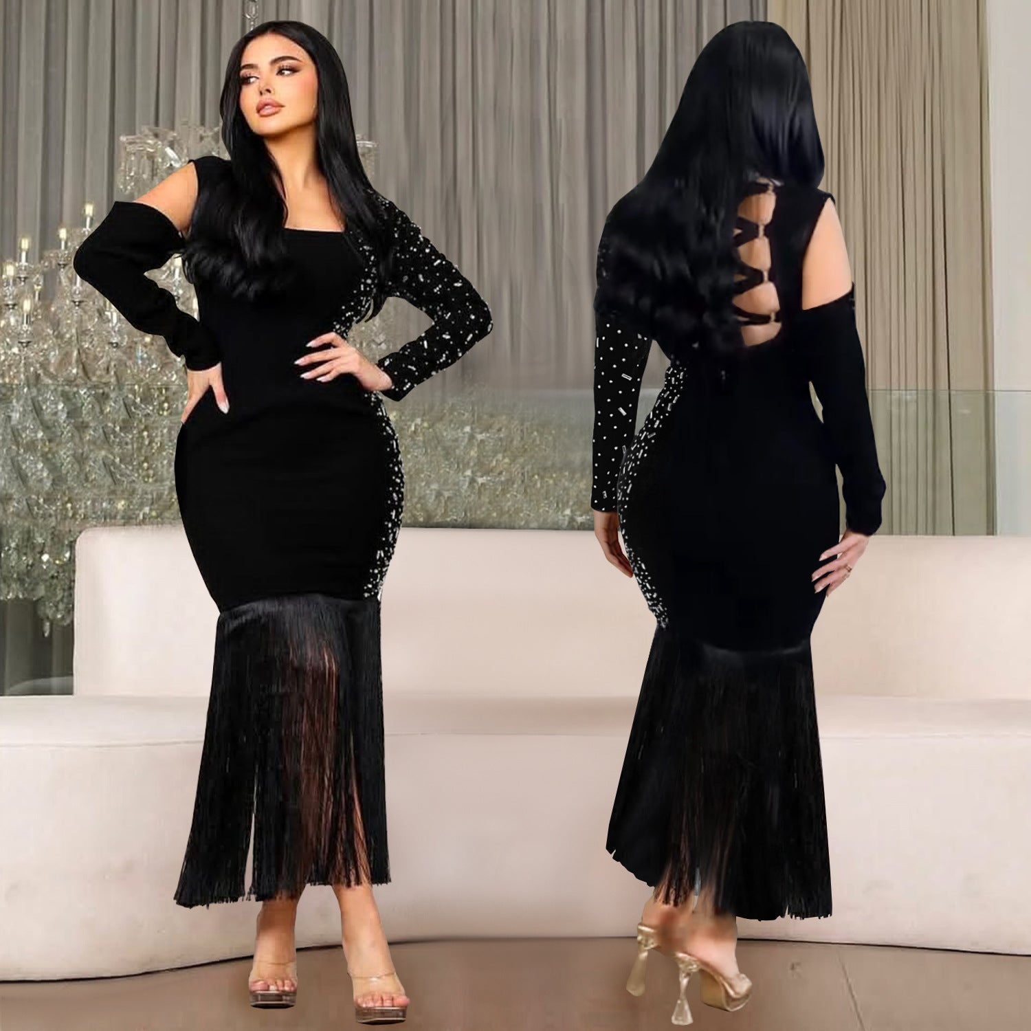 Fashion Women's Sexy Beaded Fringe Long-Sleeve Bodycon Dress