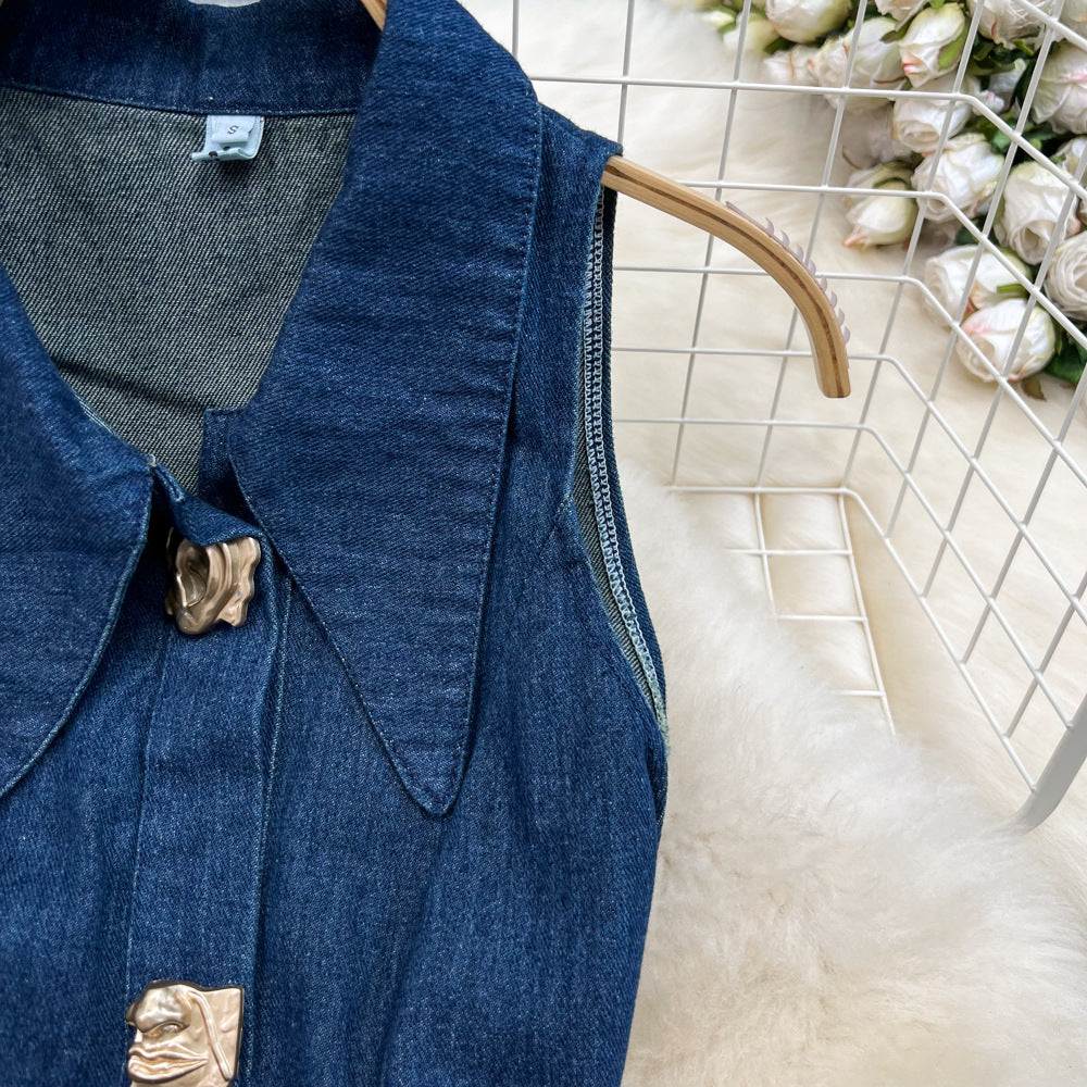 Women Vintage Turndown Collar Cut Out Sleeveless Denim Dress 12