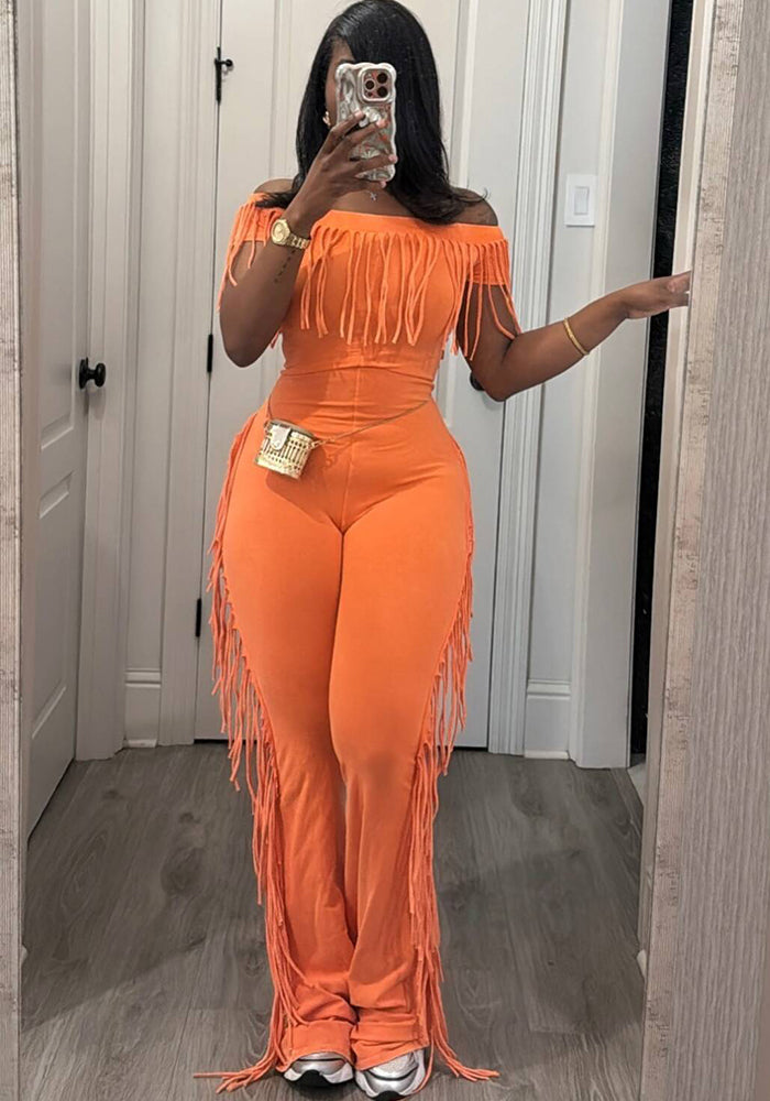 Women summer Off Shoulder short sleeve tassel lace jumpsuit