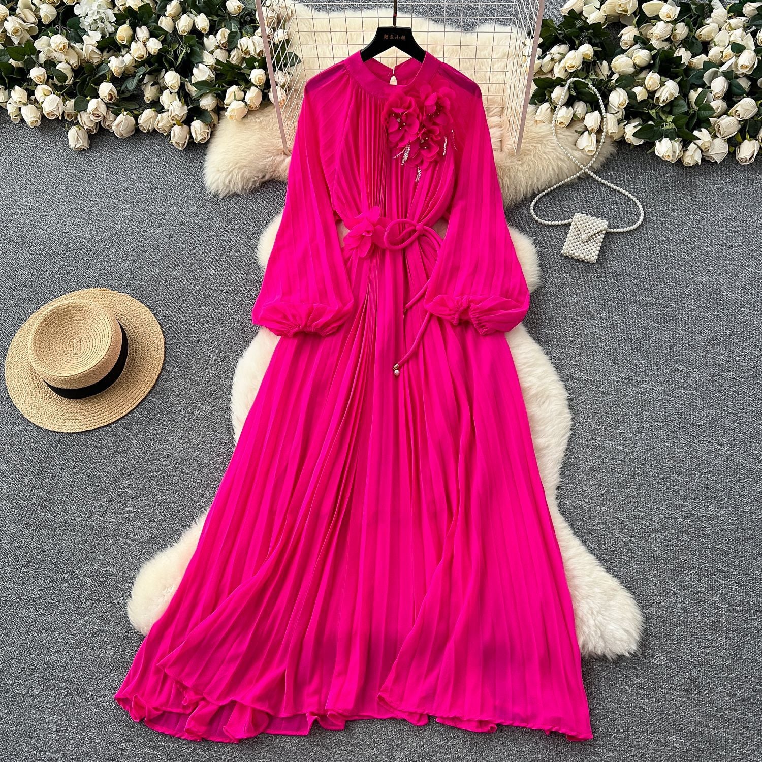 Elegant Women's Luxury Beaded Flower Belt Slim Waist Pleated Long Dress