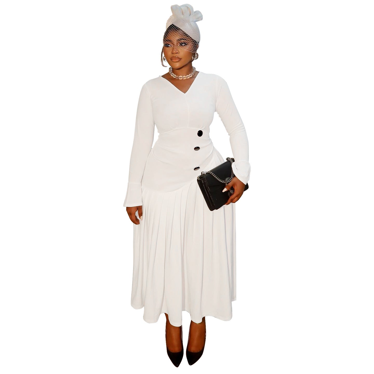 Plus-Size Women Autumn V-Neck Pleated Maxi Dress 9