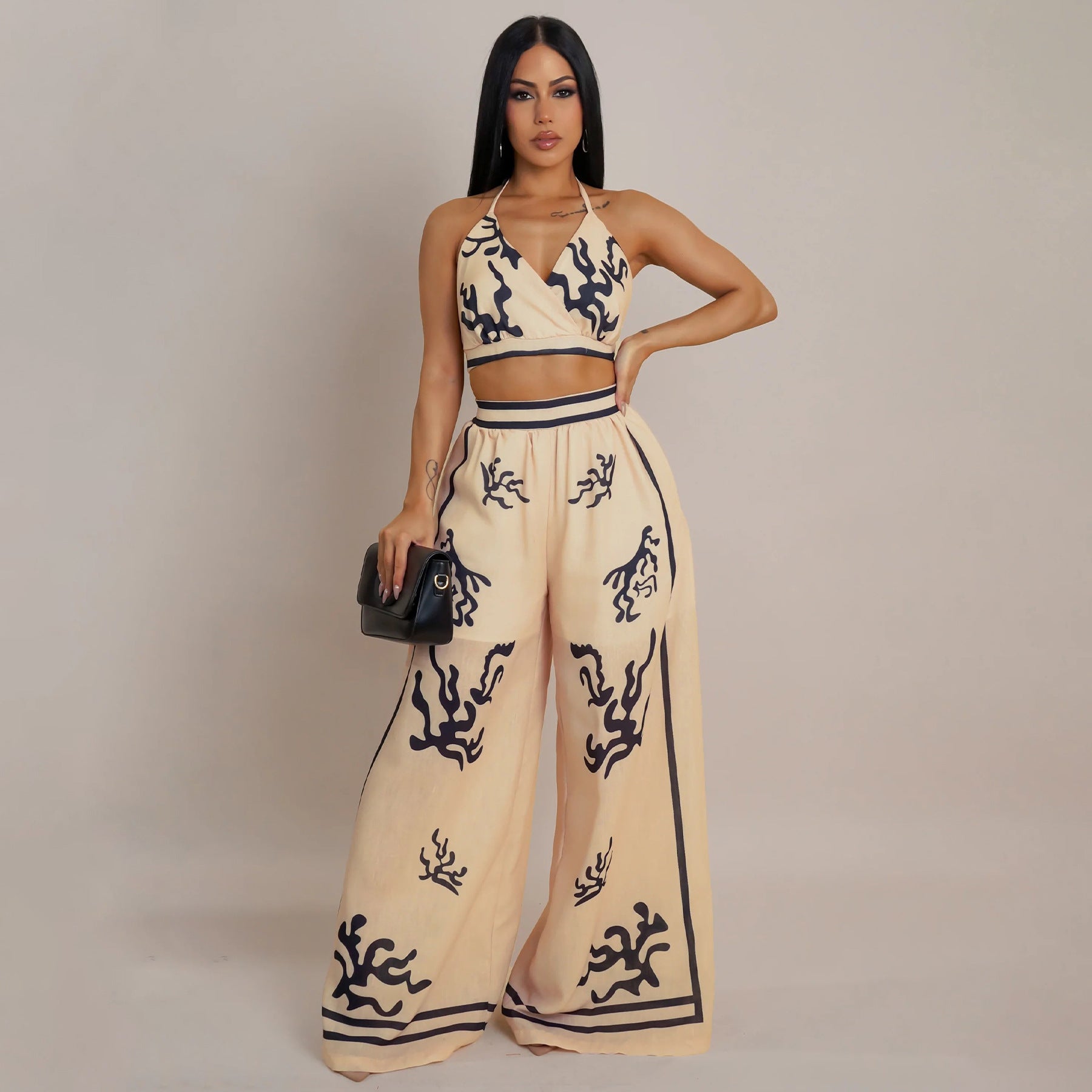 Summer Sexy Print Halter V Neck Vest Wide Leg Pants Two Piece Set 24