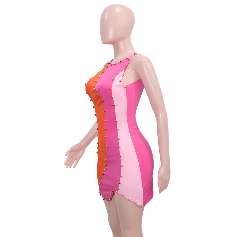 Women's Elegant Sexy Beaded Sleeveless Irregular Dress Short Skirt 6