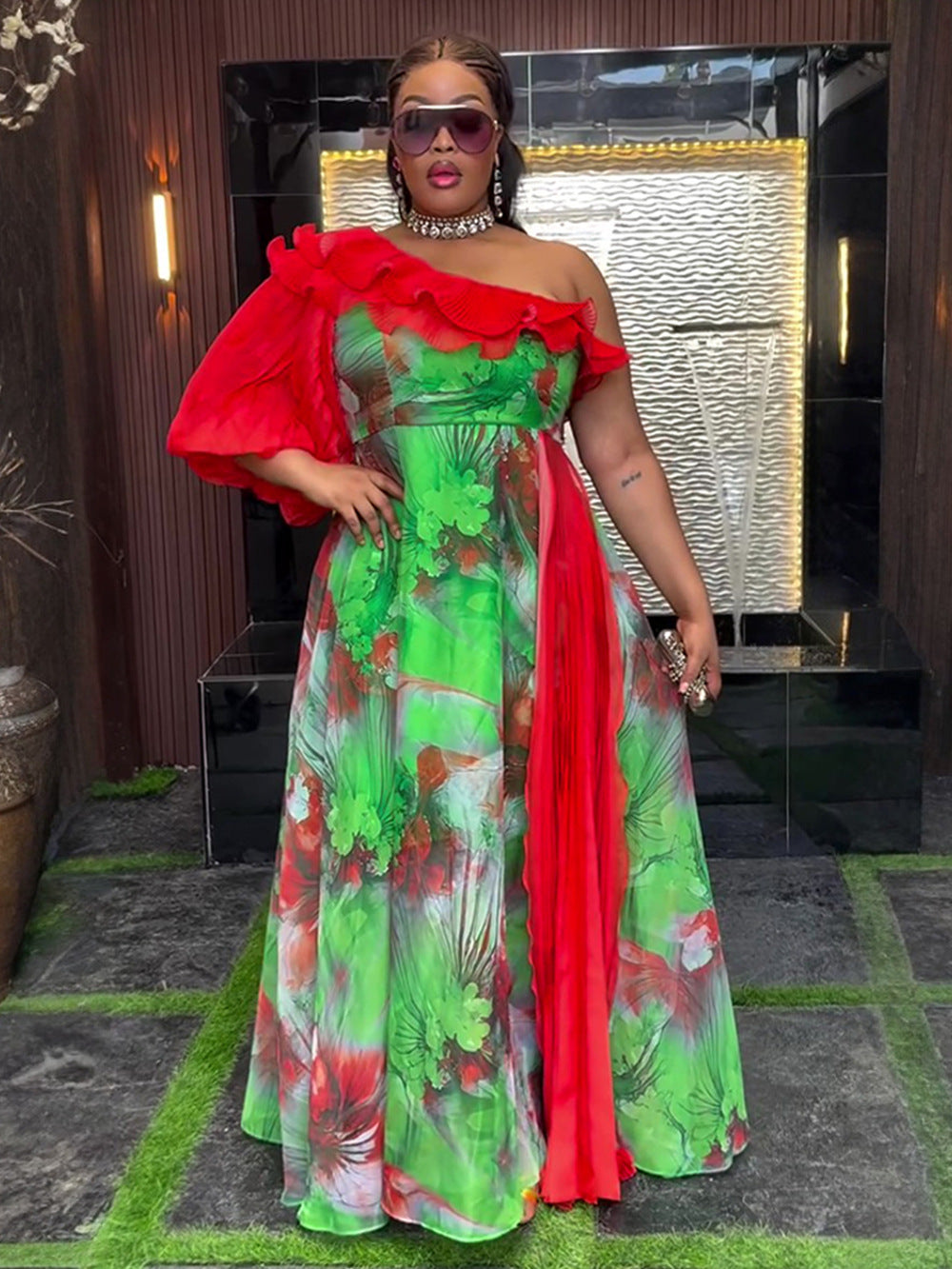 Plus-size African print off-shoulder spring/summer chiffon dress 6