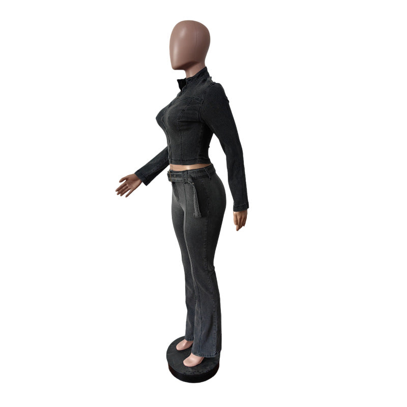 Denim Stretch Tight Slim Long sleeve Two Piece Pants Set 9