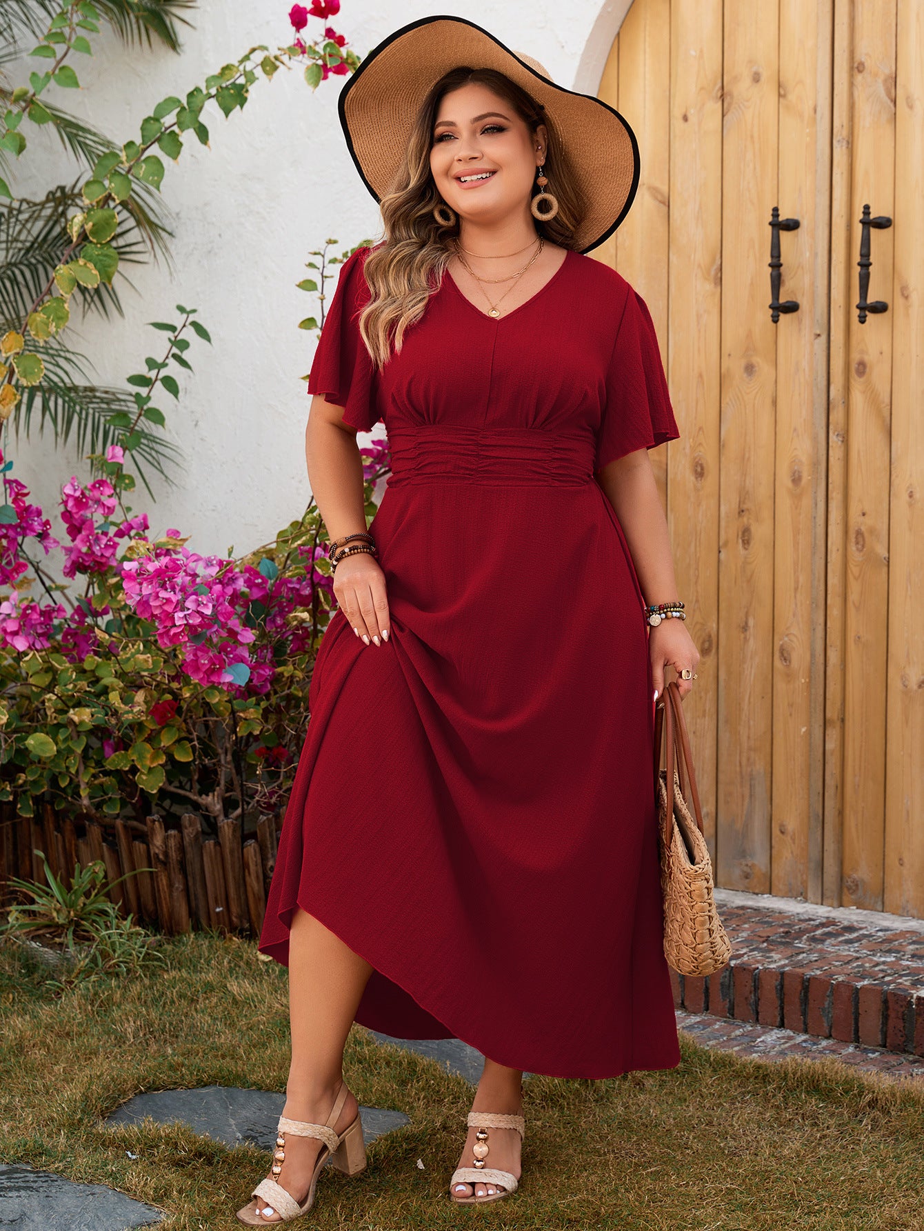 Women spring and summer holidays red v-neck chiffon short-sleeved dress 5