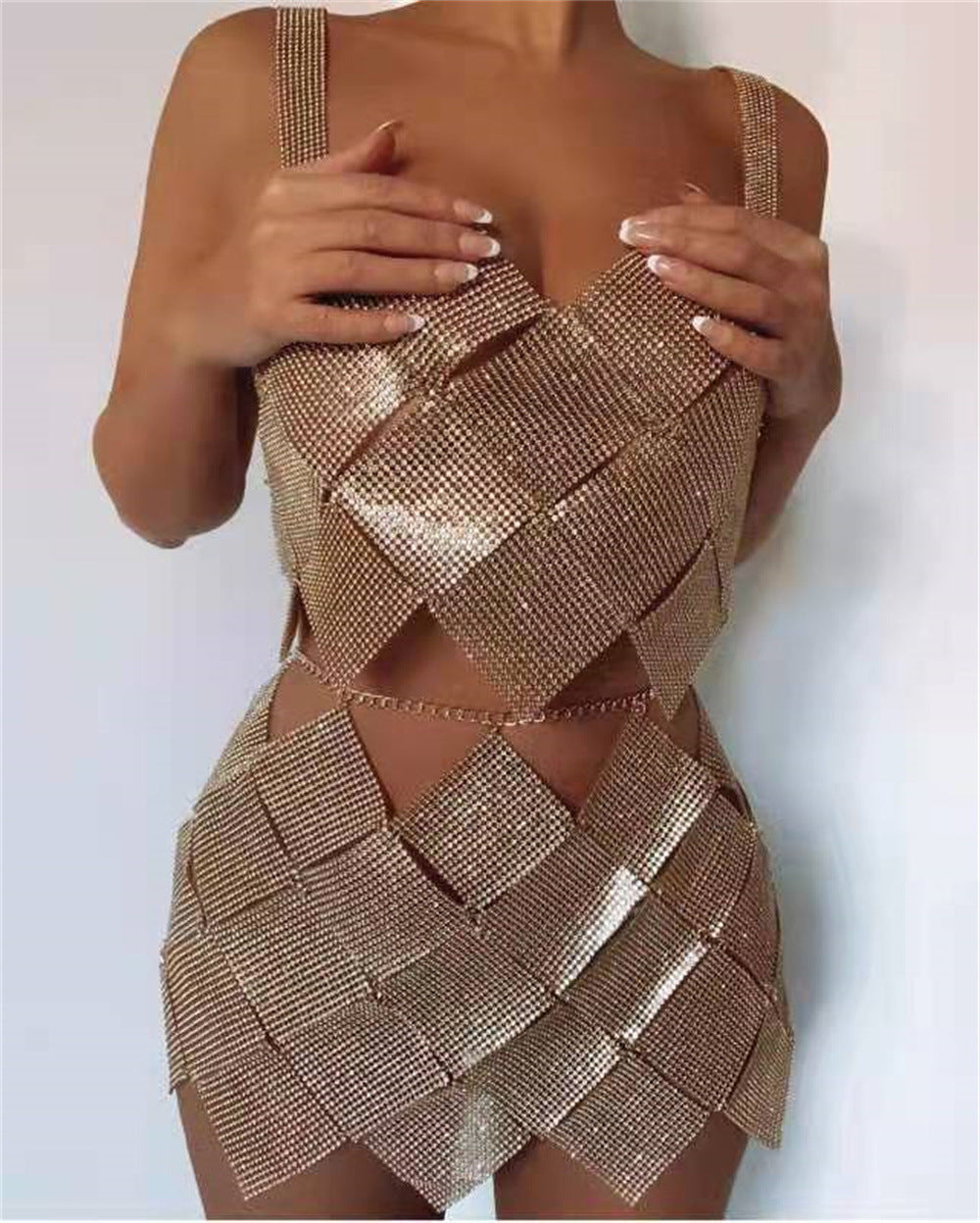 Women's Nightclub Style Sexy Diamond Sequin Checkered Two Piece Skirt Set