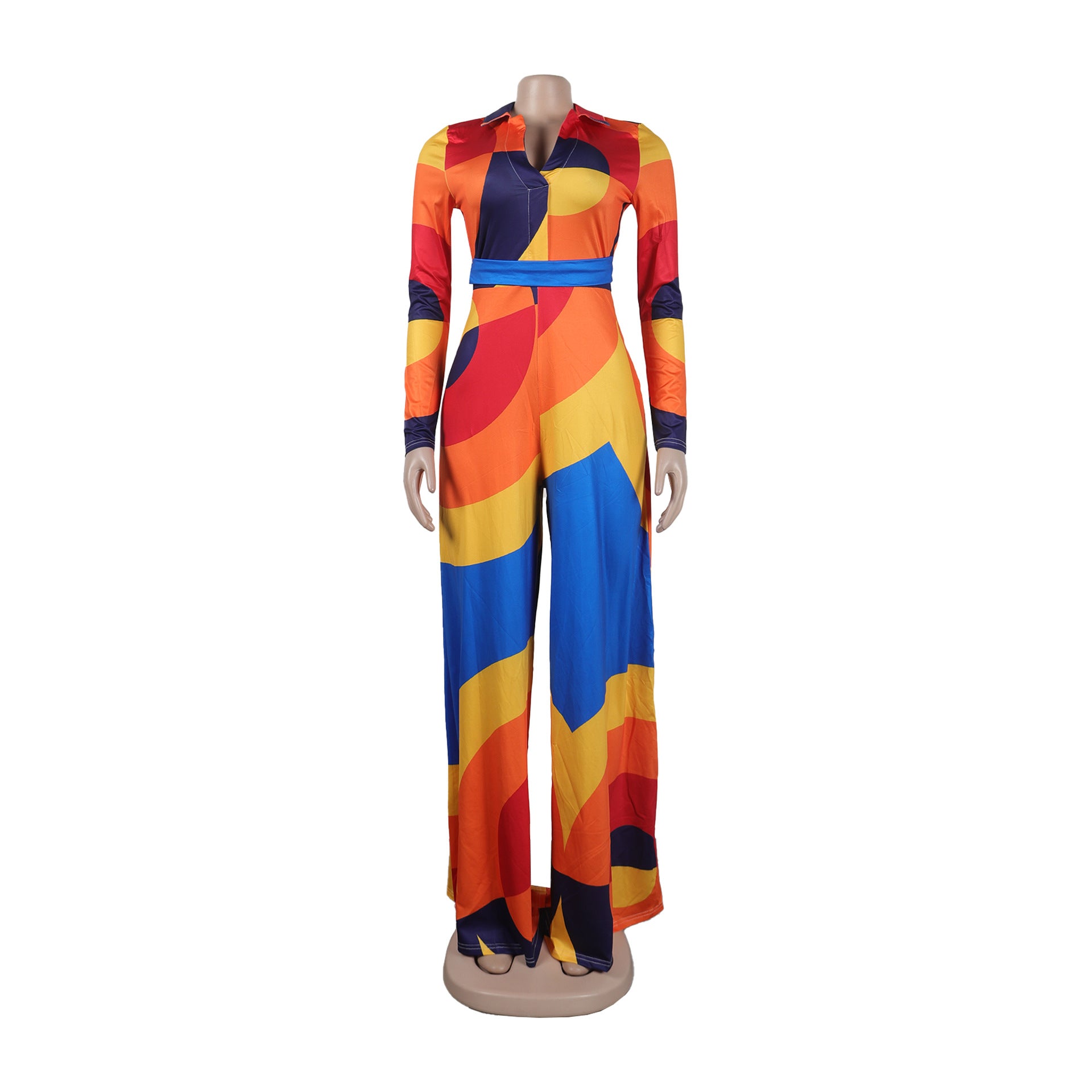Sexy Slim Deep V Printed Wide Leg Turndown Collar Slim Waist Long Sleeve Jumpsuit 13