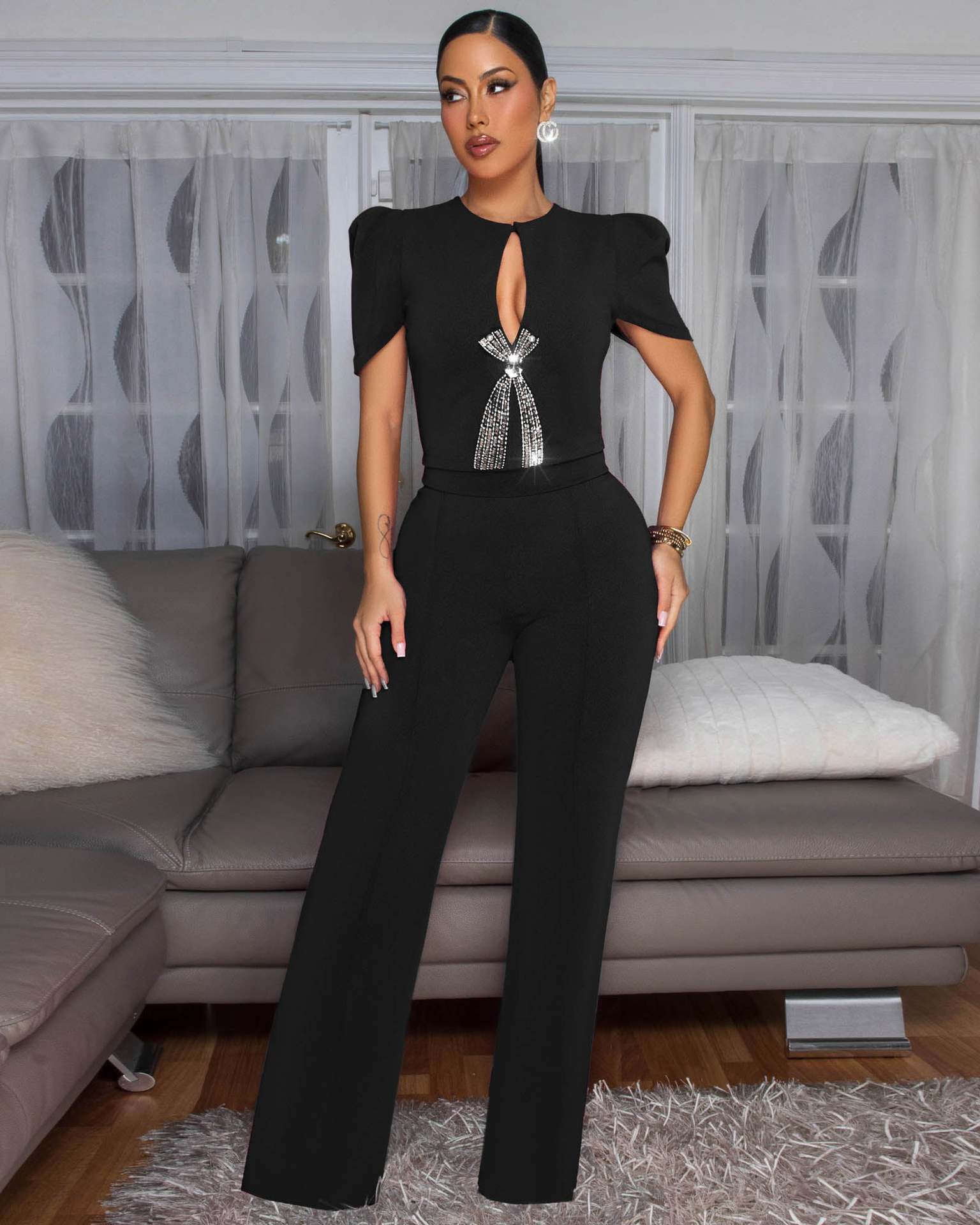 Women Style Line Bow Short Sleeve Casual Wide Leg Jumpsuit 3