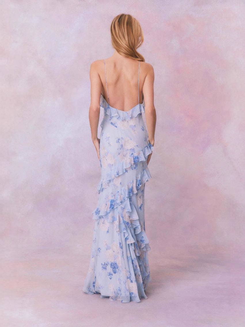 Women's Ruffled Floral Low-Back Slim Waist Chiffon Holiday Dress 6