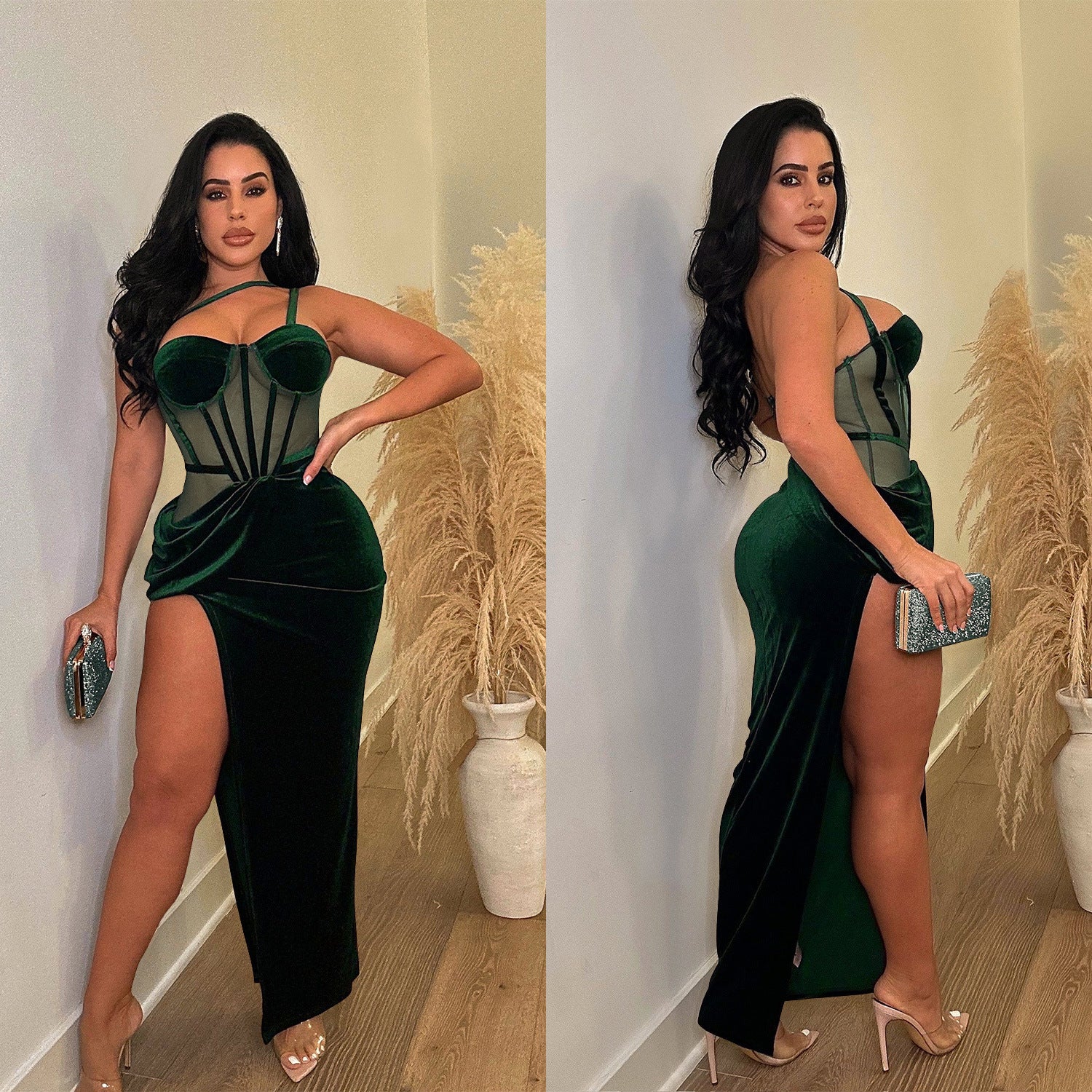 Fashion Women's Solid Color Mesh Straps Slit Long Dress 3