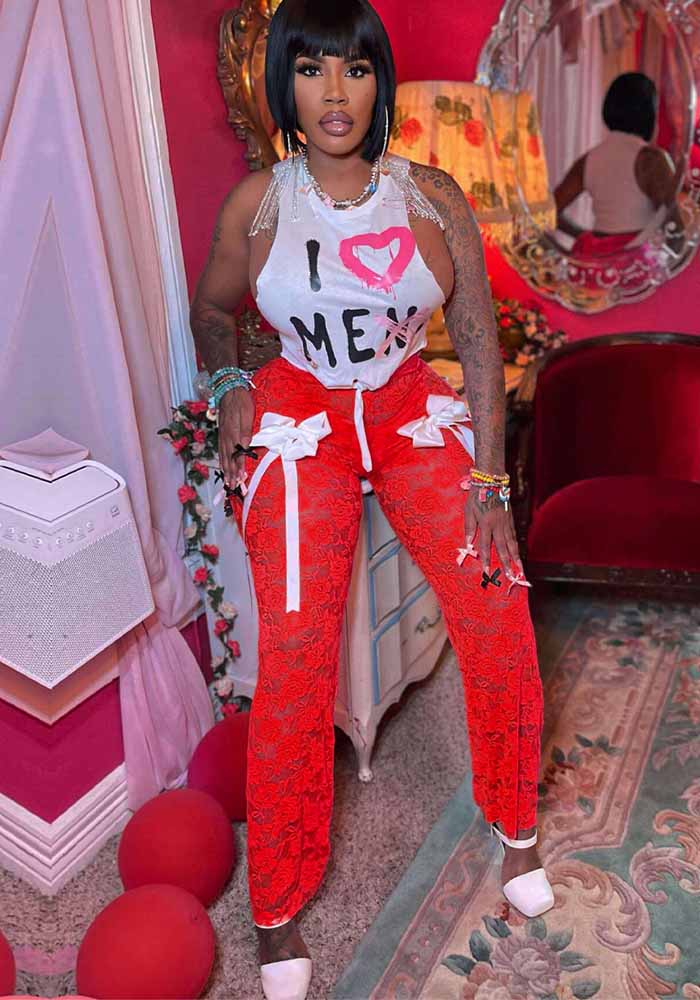 Women Sexy Lace See-Through Bow Sleeveless Top and Pants Two-piece Set 4