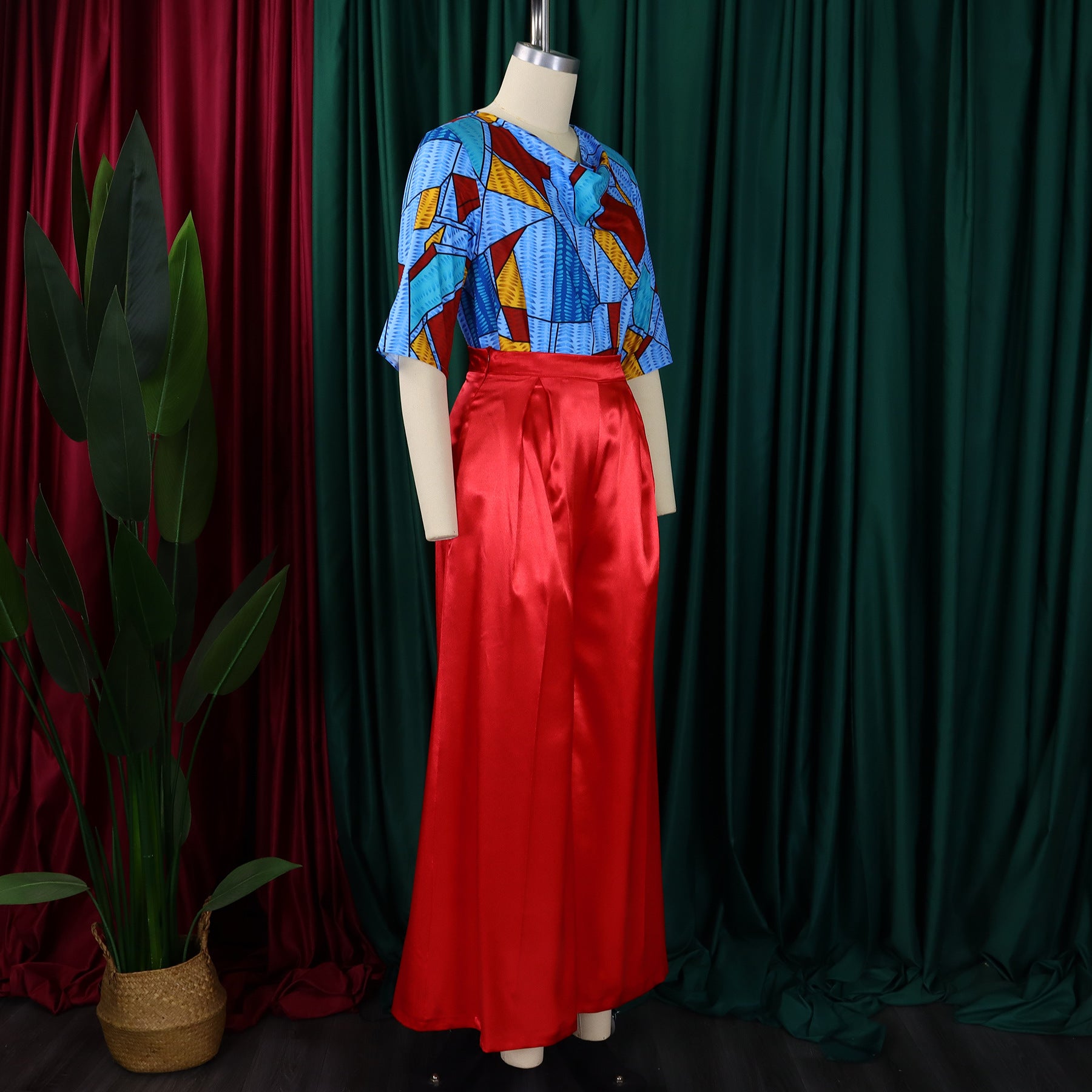 Women's Printed Short Sleeve Shirt Casual Loose Wide Leg Pants African Two-Piece Suit 10