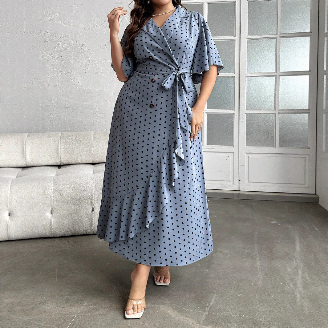 Plus Size Summer V-Neck Lace-Up Slim Waist Polka Dot Dress 4